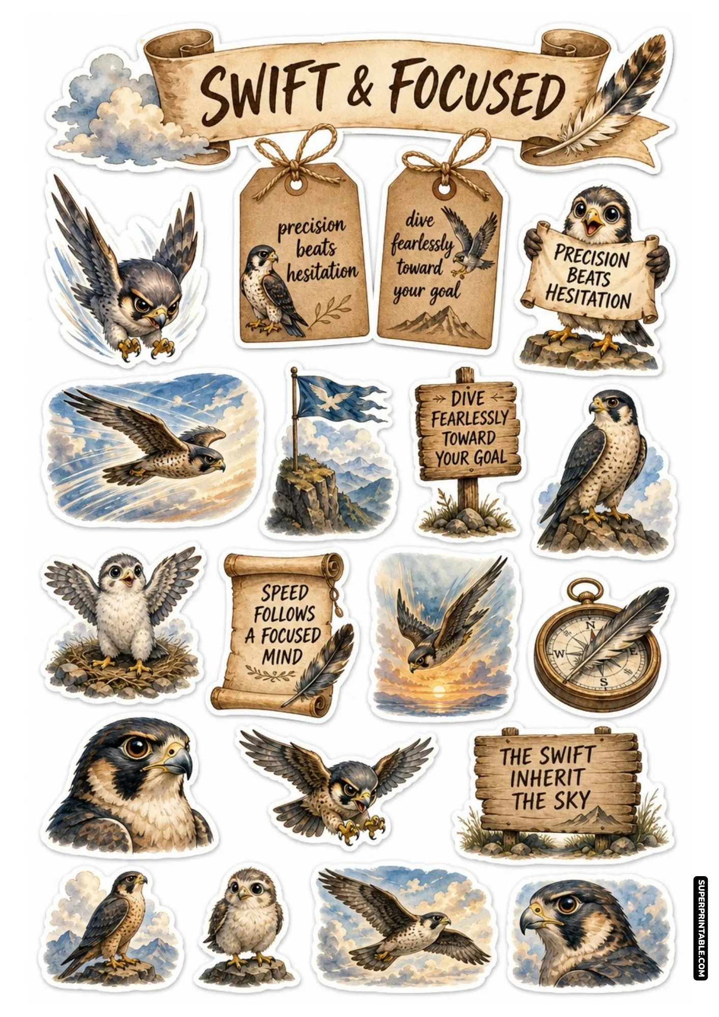 Swift and focused peregrine falcon strong animals sticker sheets with motivational quotes for planners