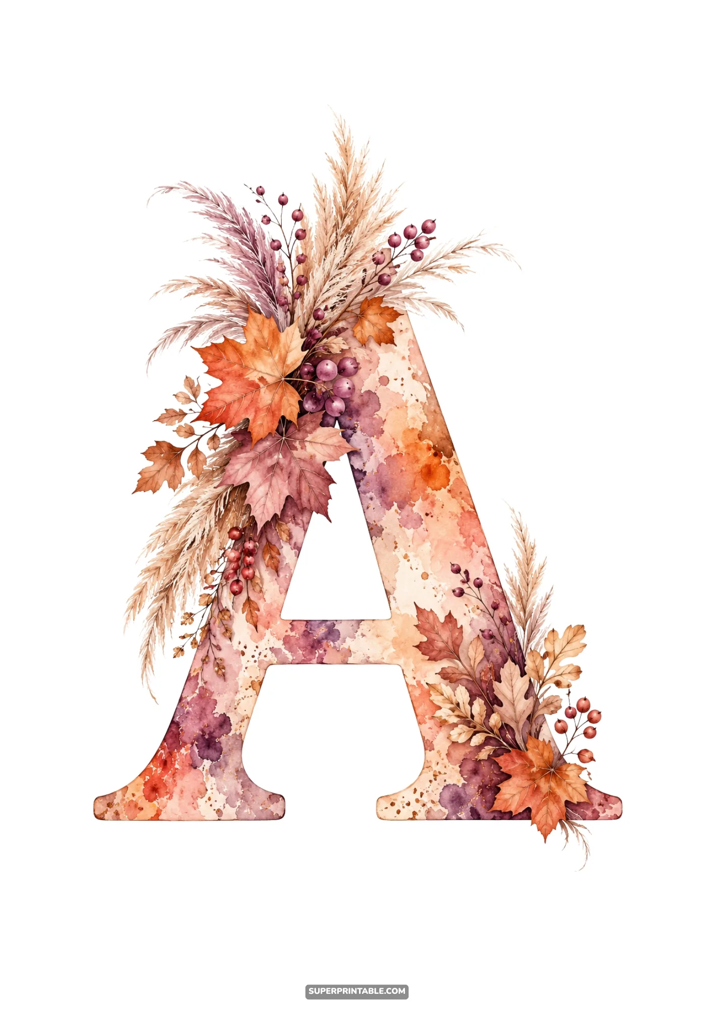 Fall floral alphabet clipart letter A decorated with watercolor autumn leaves and pampas grass