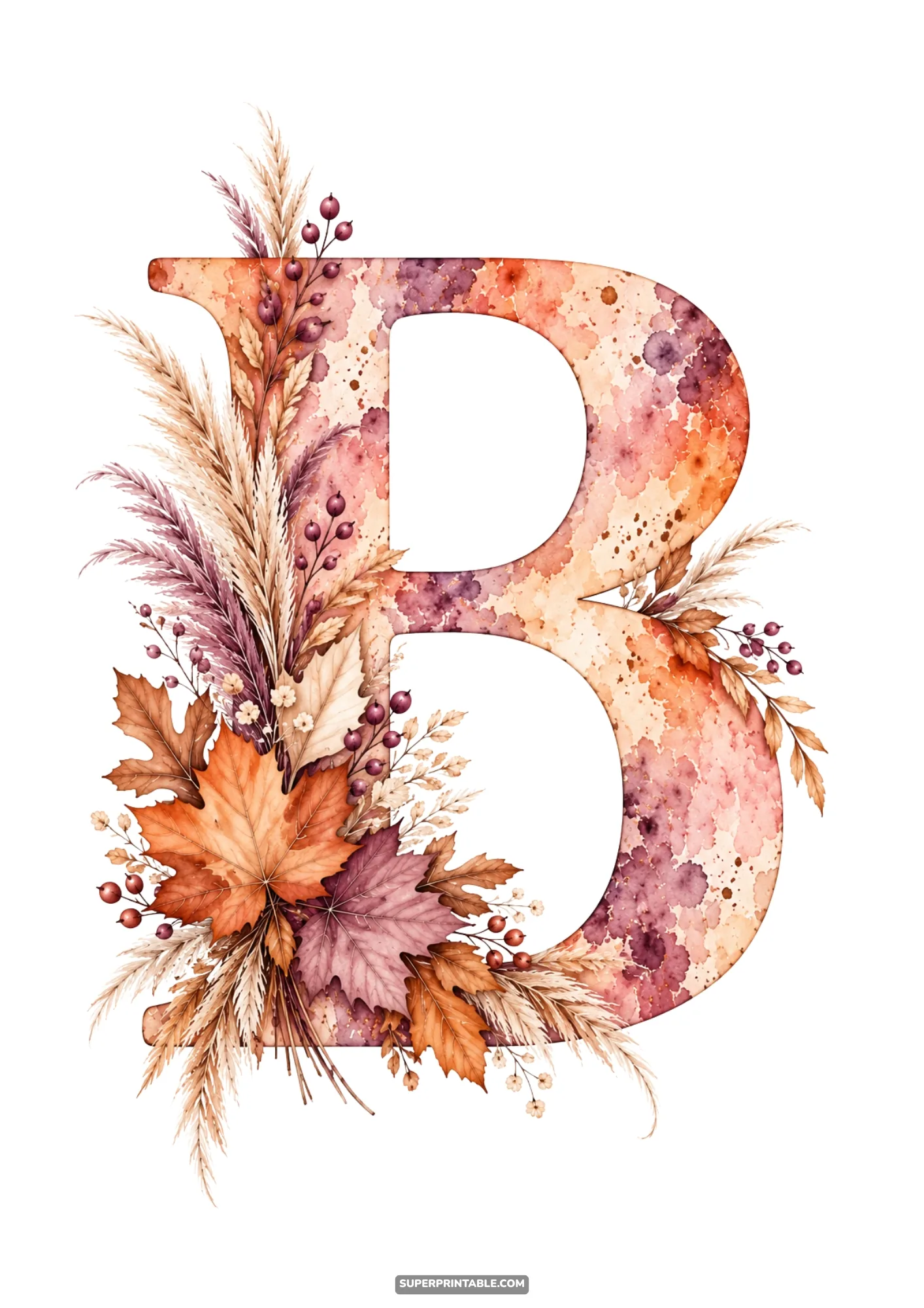 Fall floral alphabet clipart letter B accented with watercolor maple leaves and pampas grass
