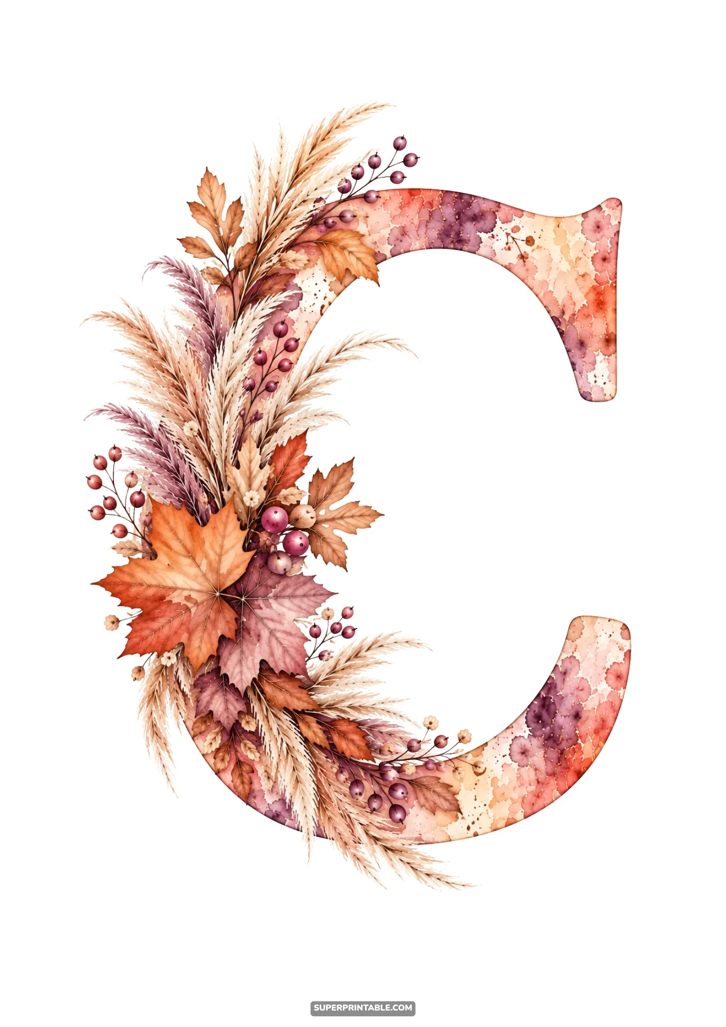 Curved letter C design adorned with autumn maple leaves pampas grass and berry clusters