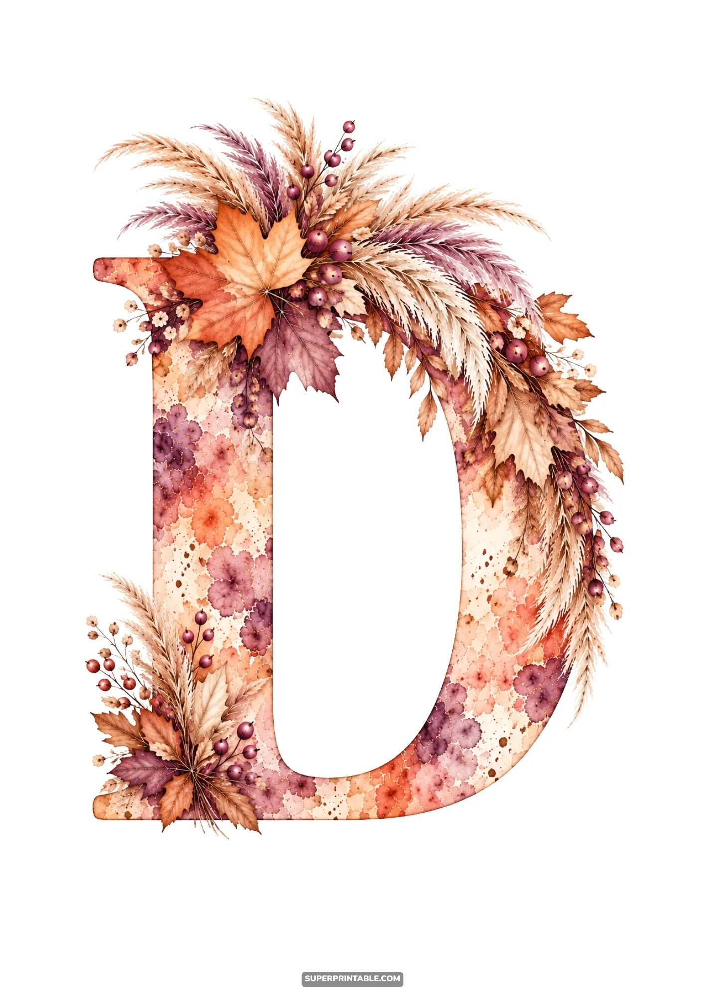 Monogram letter D clipart embellished with watercolor fall foliage and dried pampas grass
