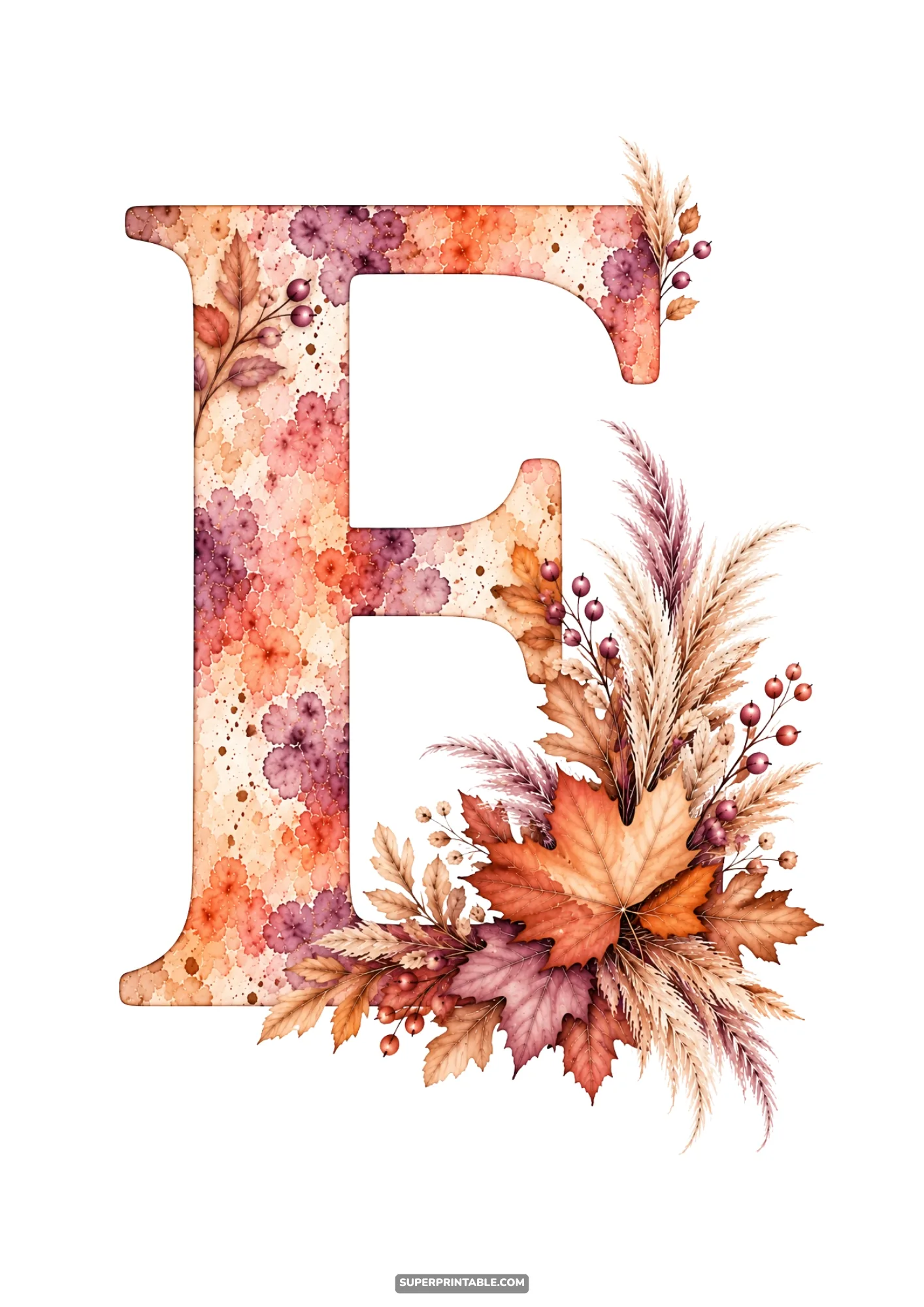 Letter E monogram featuring warm autumn maple leaves and dried pampas grass fronds