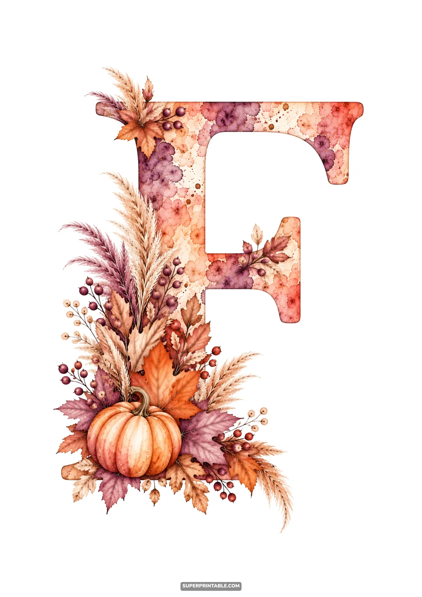 Letter F clipart decorated with an autumn pumpkin maple leaves and dried pampas plumes