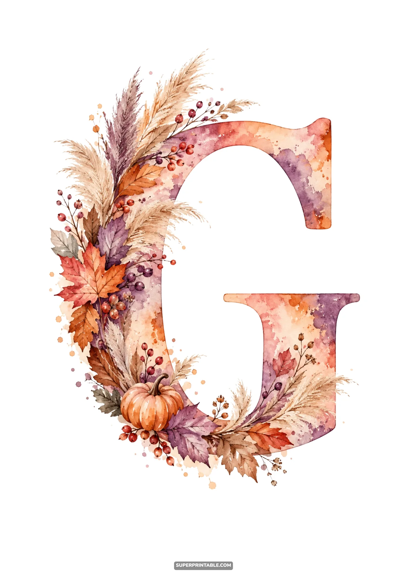 Decorative letter G featuring an autumn pumpkin dried pampas grass and fall leaves