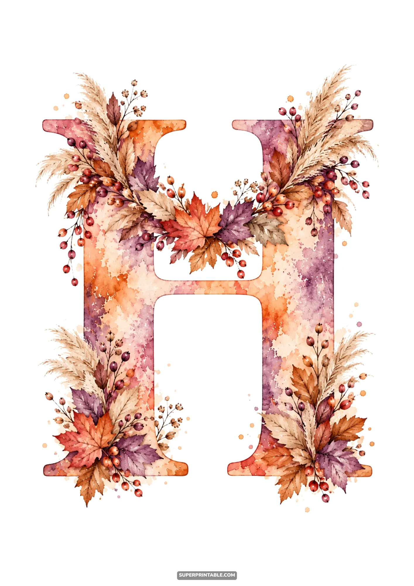 Monogram letter H clipart decorated with autumn leaves berries and dried pampas grass