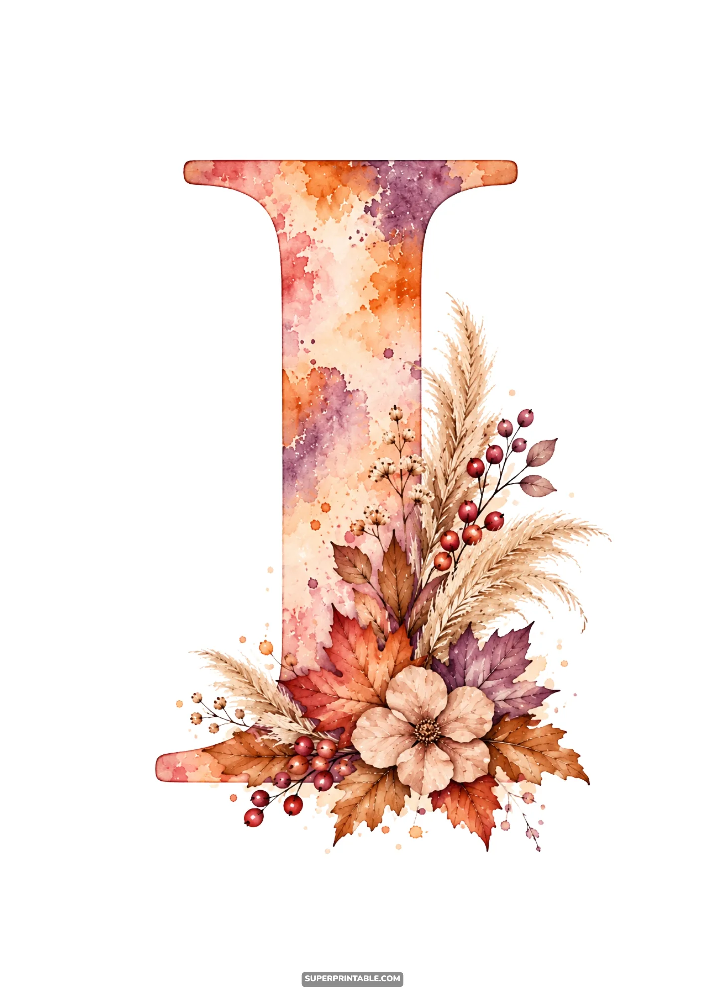 Letter I monogram decorated with an autumn flower maple leaves and dried pampas grass