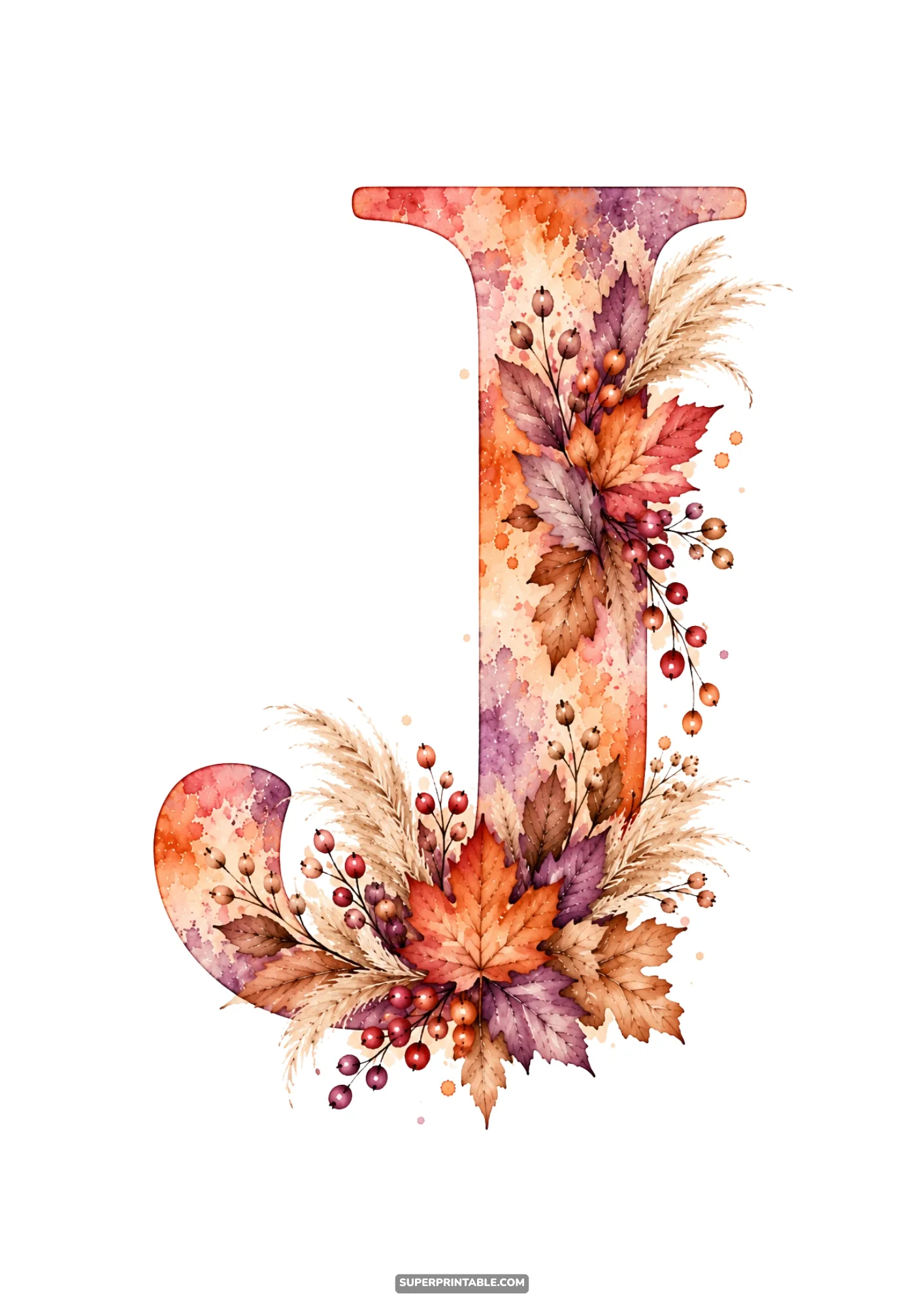 Letter J clipart embellished with autumn leaves and pampas grass spray for seasonal monogram projects