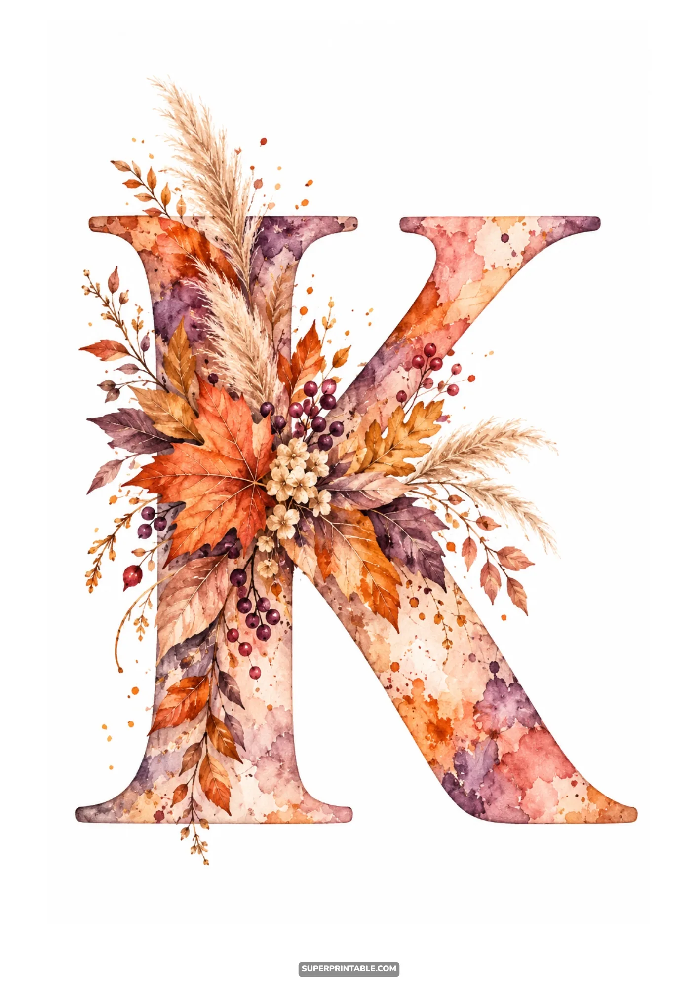 Watercolor letter K design featuring rustic autumn foliage and dried botanicals for fall crafts