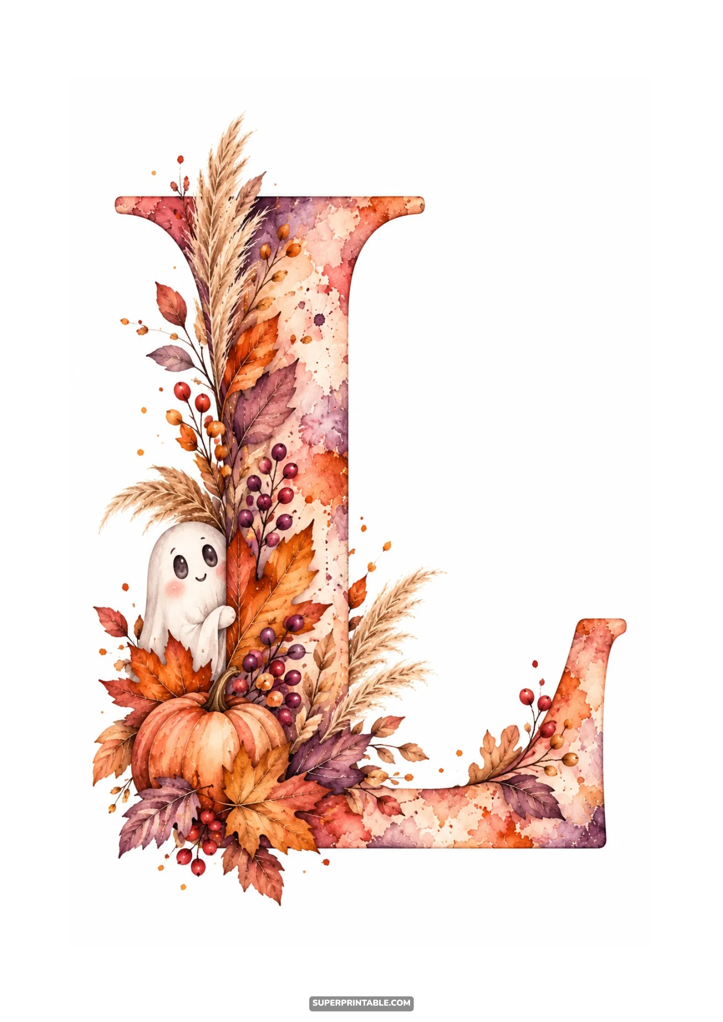 Autumn letter L clipart featuring a cute friendly ghost pumpkin and dried pampas grass bouquet