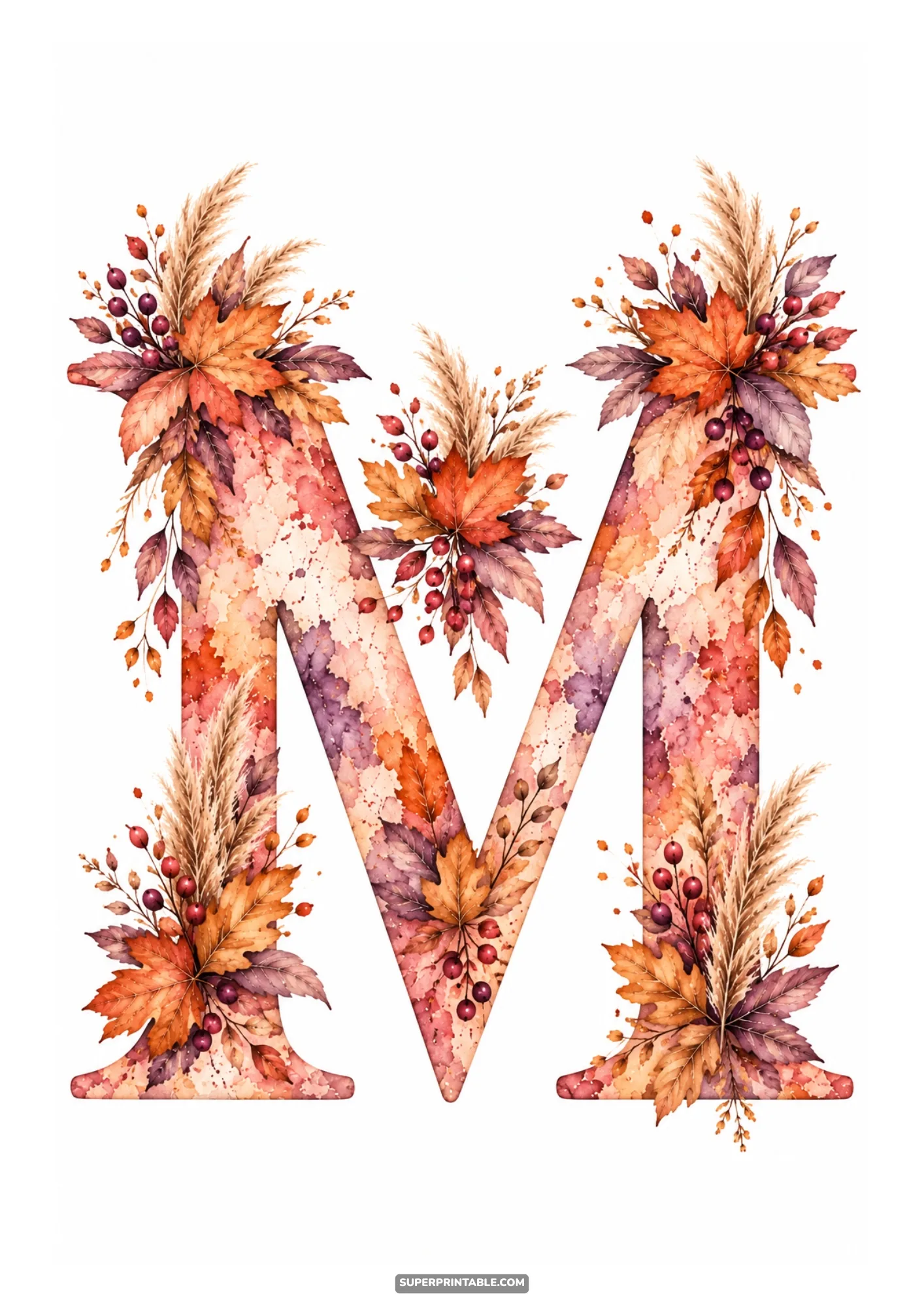 Monogram letter M clipart adorned with warm autumn leaves and delicate pampas grass accents