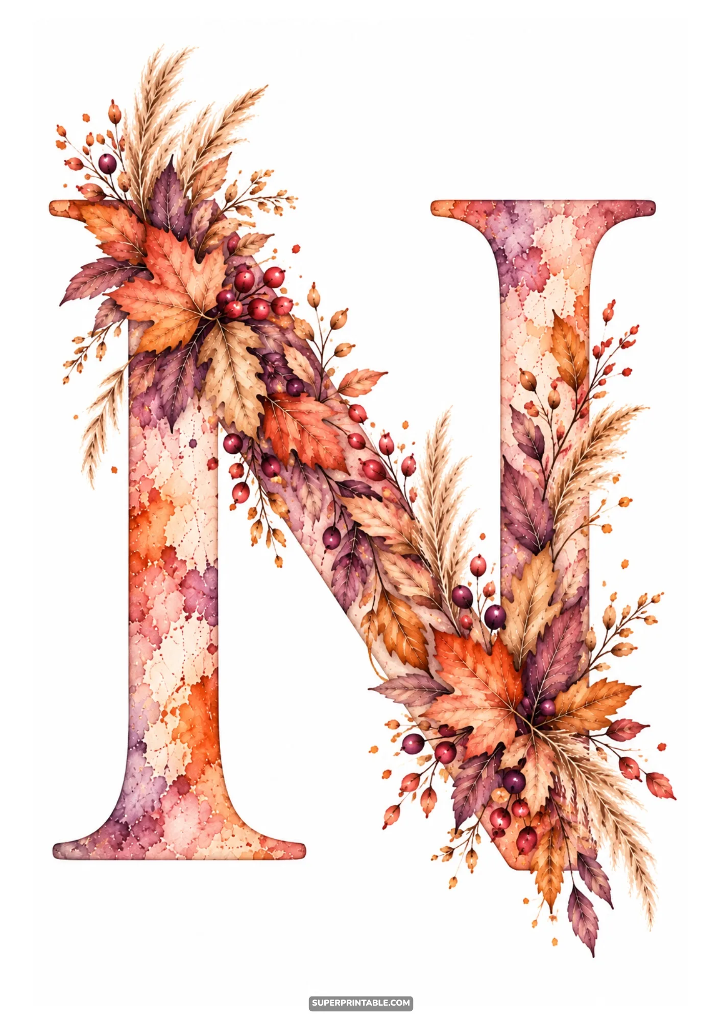 Letter N decorated with watercolor autumn foliage and seasonal berry sprays for craft prints
