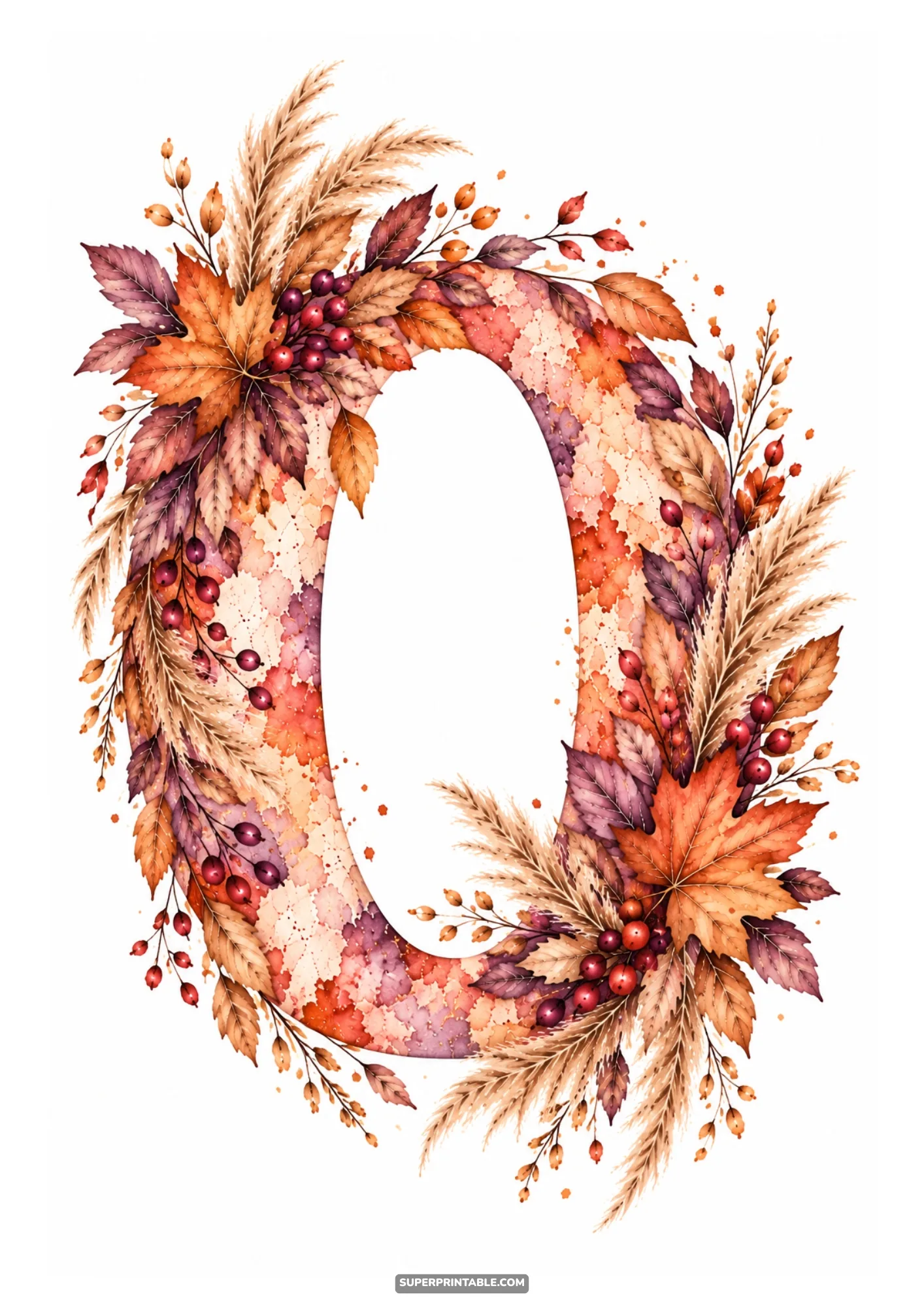 Decorative letter O framed with warm autumn leaves berries and soft pampas grass foliage