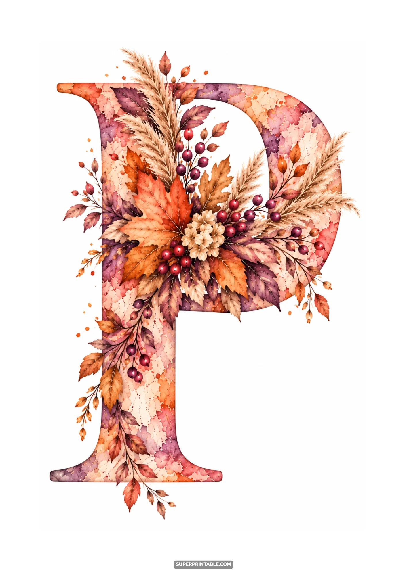 Letter P monogram decorated with autumn maple leaves dried stems and berry sprigs