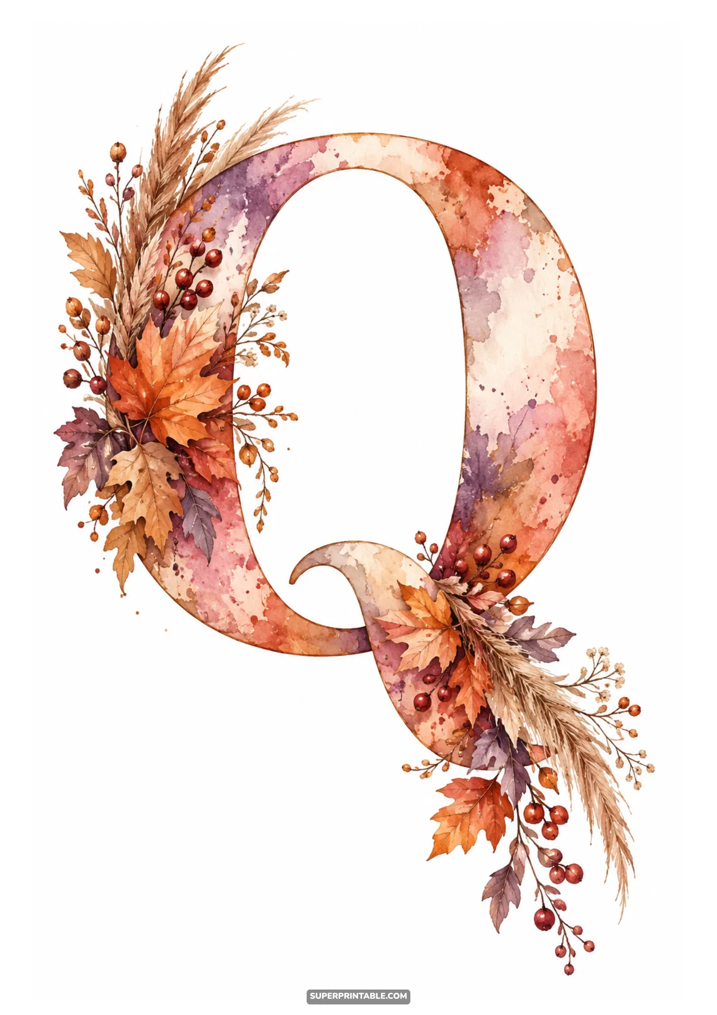 Decorative letter Q accented with autumn leaves dried pampas grass and berry sprays