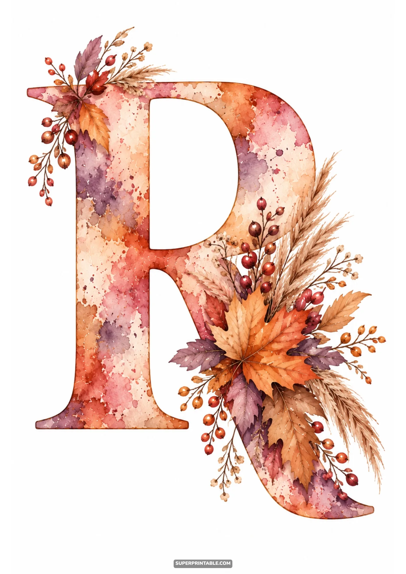 Watercolor letter R design adorned with autumn maple leaves and dried floral botanical plumes