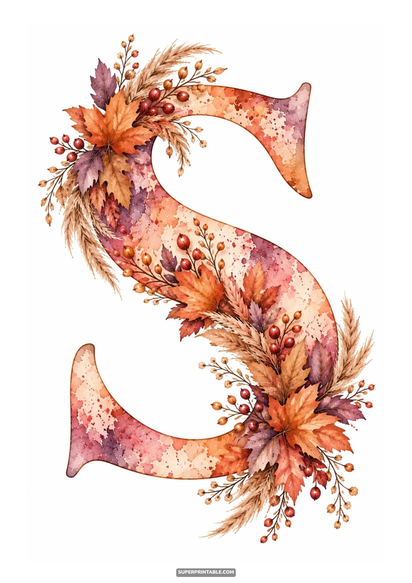 Letter S decorated with curving autumn leaf sprigs berries and dried pampas grass stems