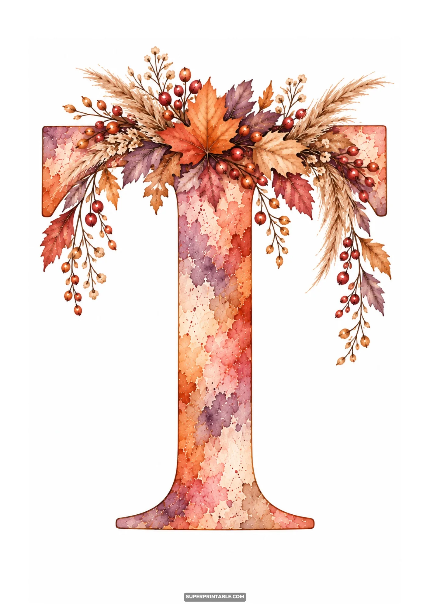 Letter T clipart topped with an autumn maple leaf garland and dried pampas grass plumes