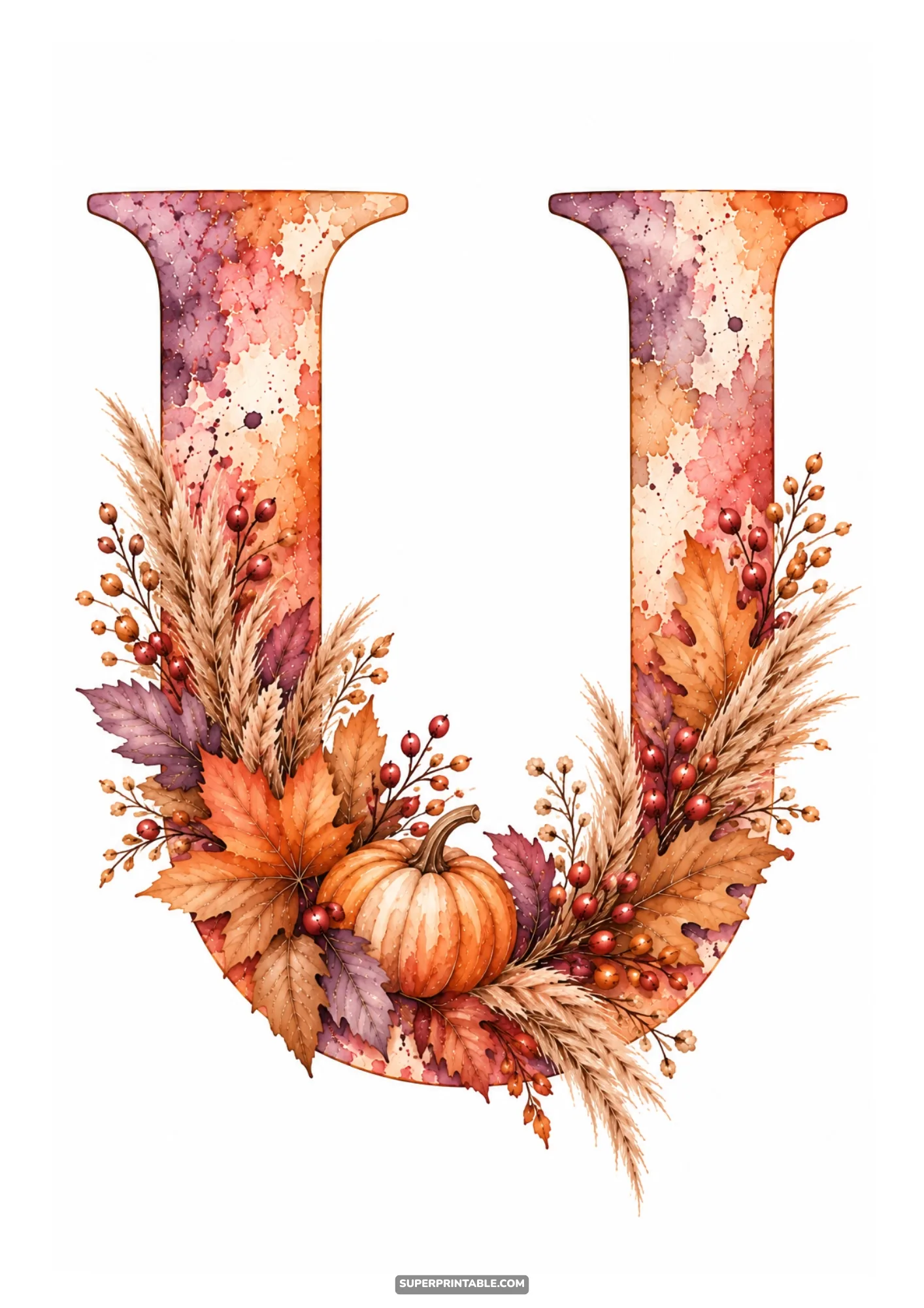 Autumn letter U monogram design with pumpkin dried pampas grass and maple leaves