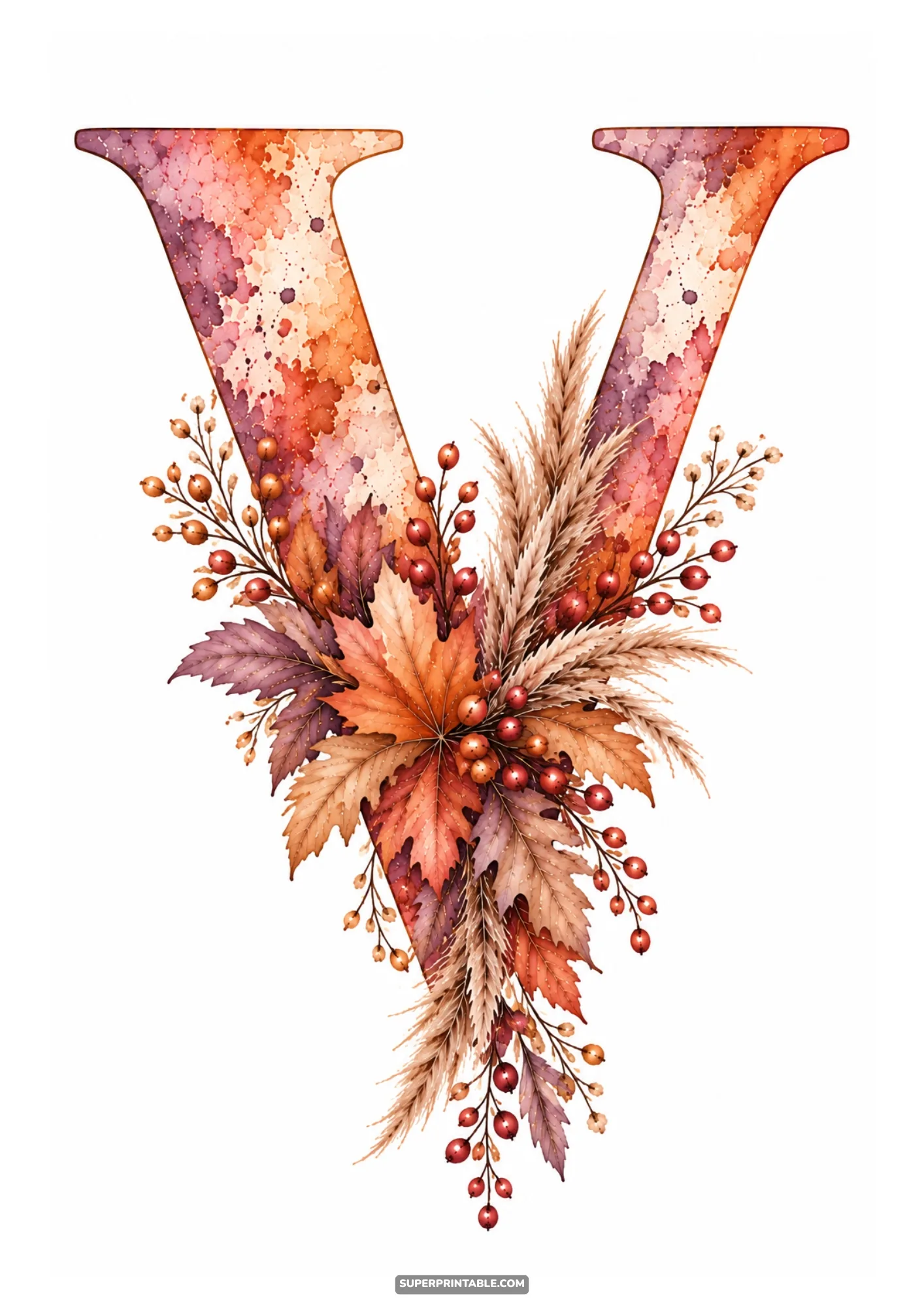 Serif letter V clipart decorated with autumn maple leaves dried botanicals and berry stems