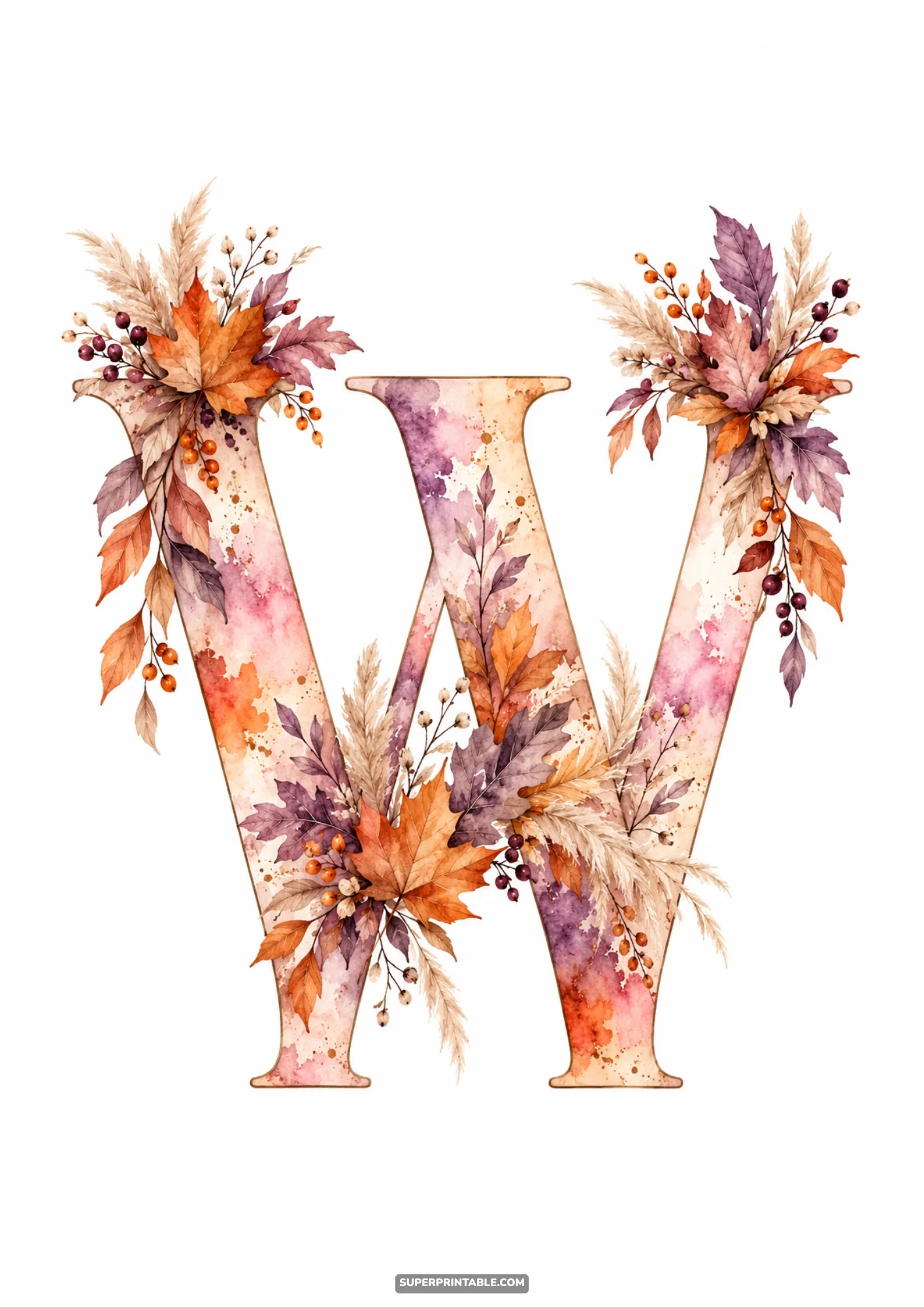 Letter W monogram featuring autumn leaves dried pampas grass and delicate berry stems