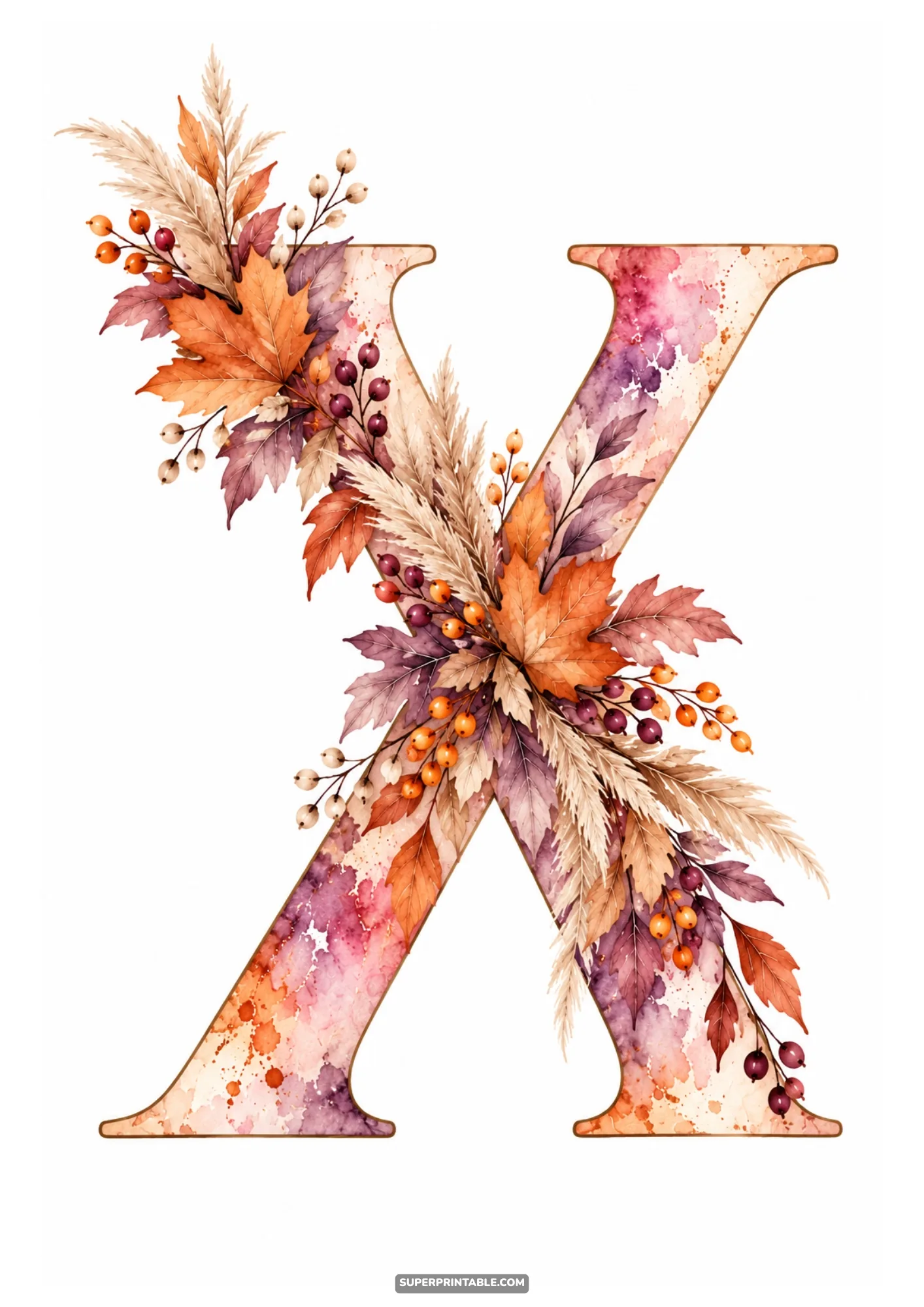 Decorative letter X clipart embellished with autumn maple foliage and dried pampas plumes