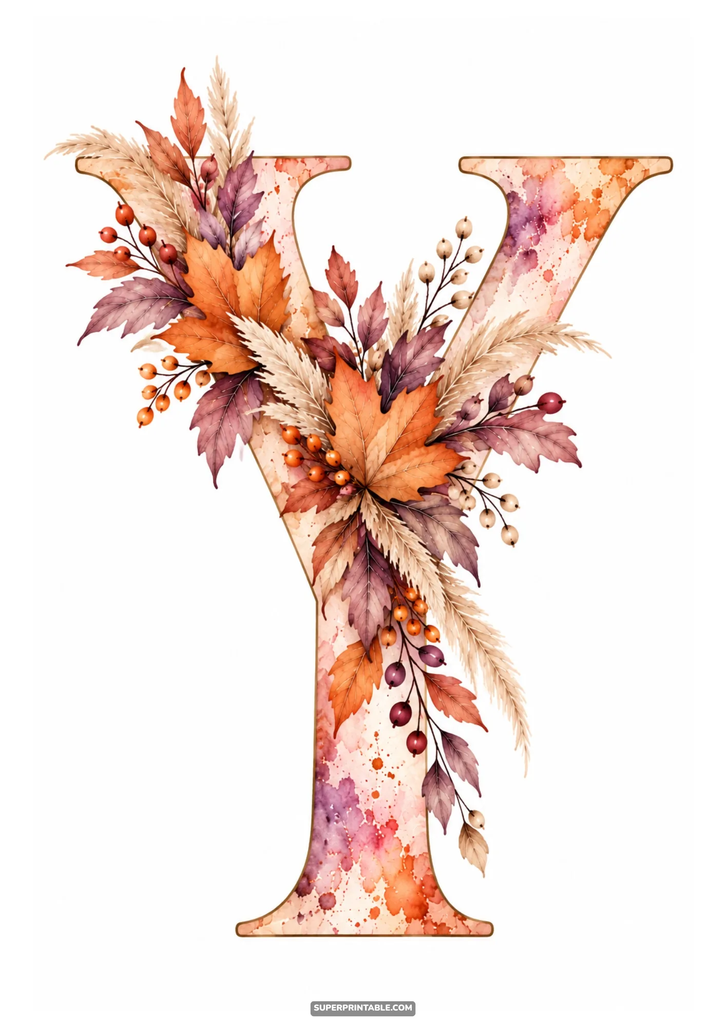 Letter Y clipart decorated with warm autumn leaves berries and dried pampas grass fronds