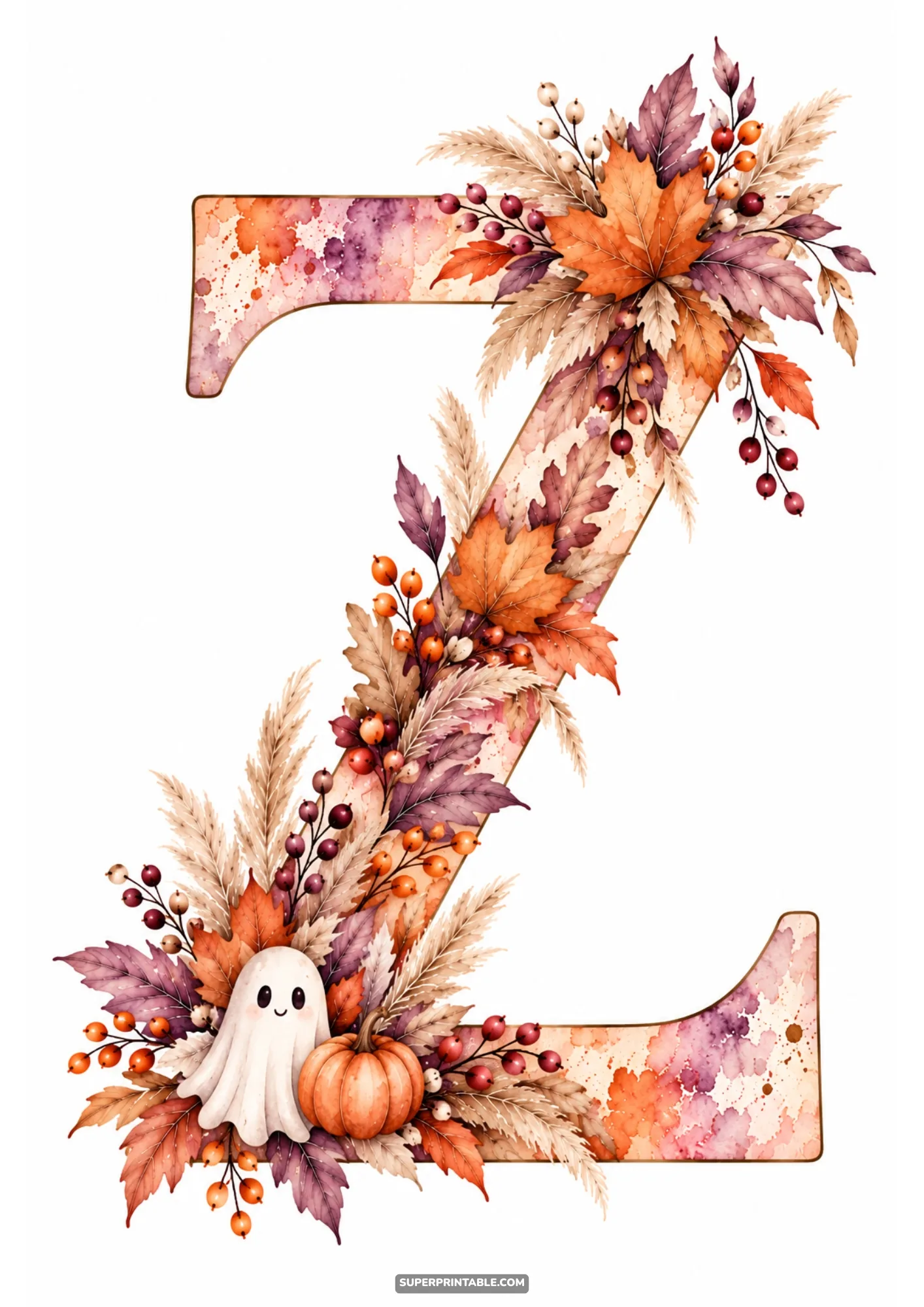 Autumn letter Z clipart featuring a cute friendly ghost pumpkin and dried pampas grass spray