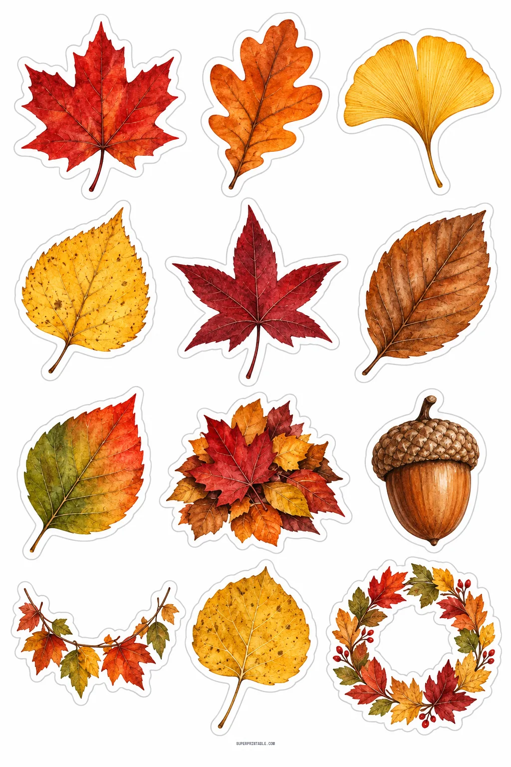 Detailed watercolor fall foliage stickers showing red maple leaves, golden ginkgo, acorns, and leaf wreath