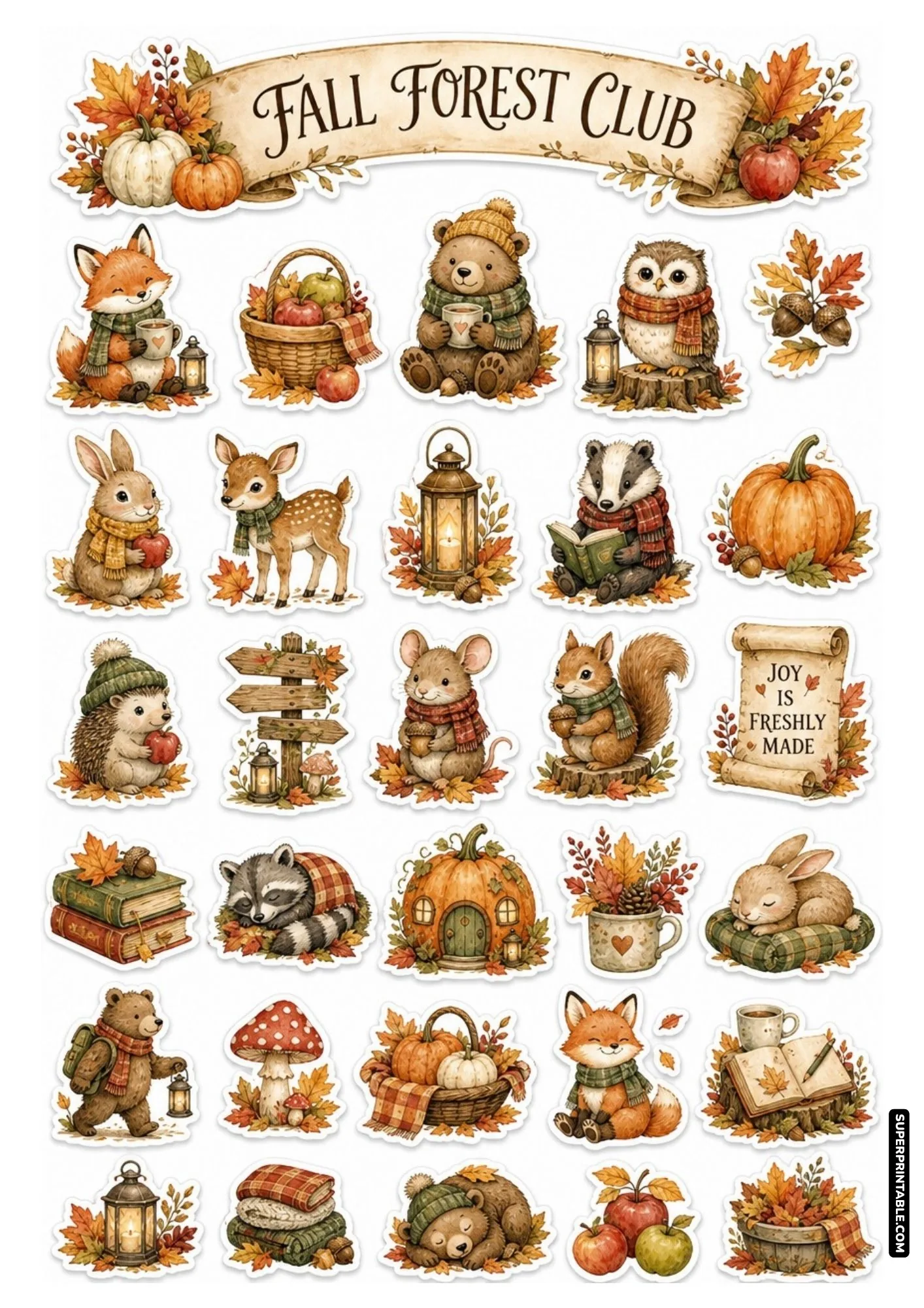 Fall Forest Club sticker sheet with hiking bear, cozy animal stickers, and mushroom illustrations.
