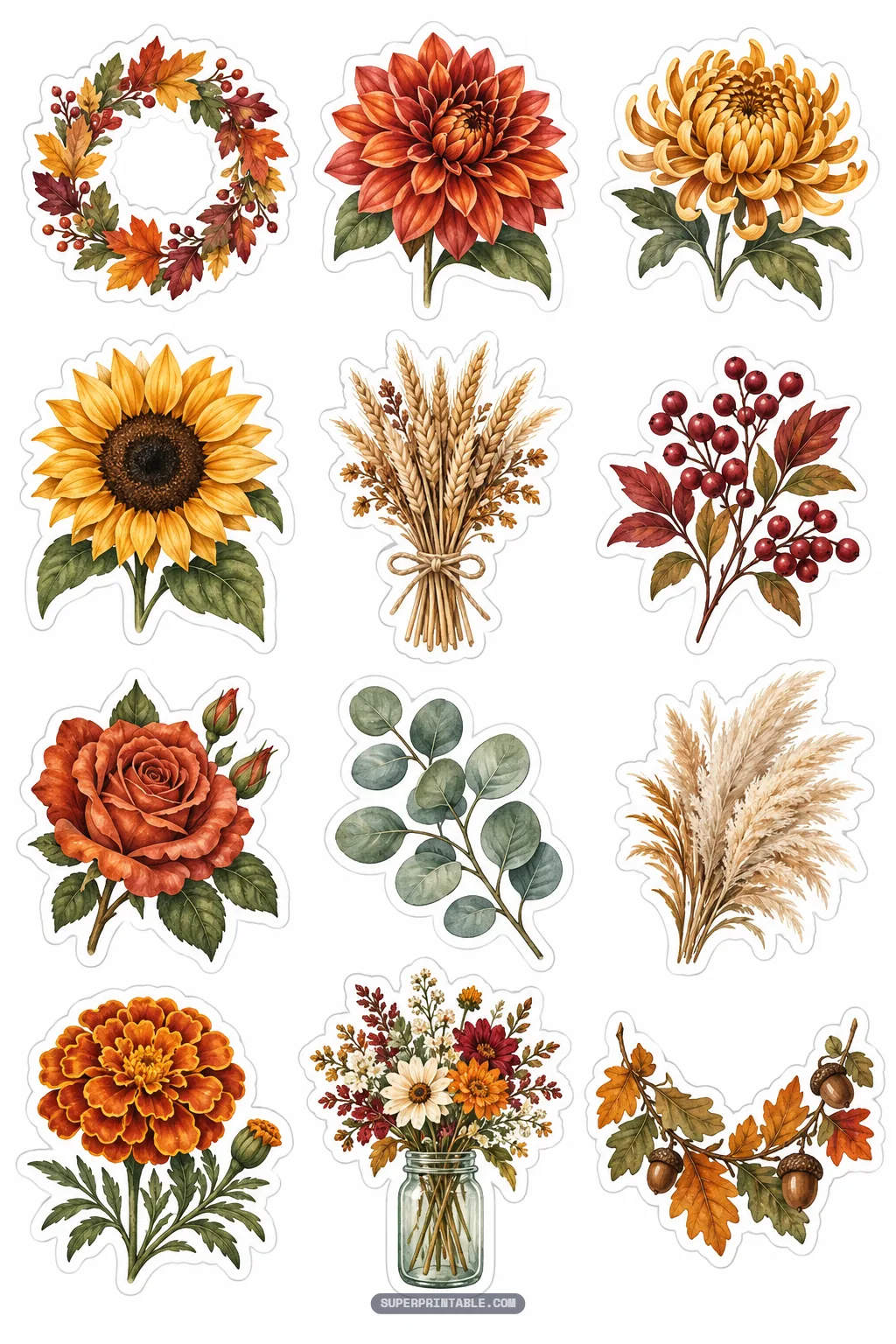 Autumn botanical stickers showing sunflowers, dahlias, wheat stalks, and dried florals