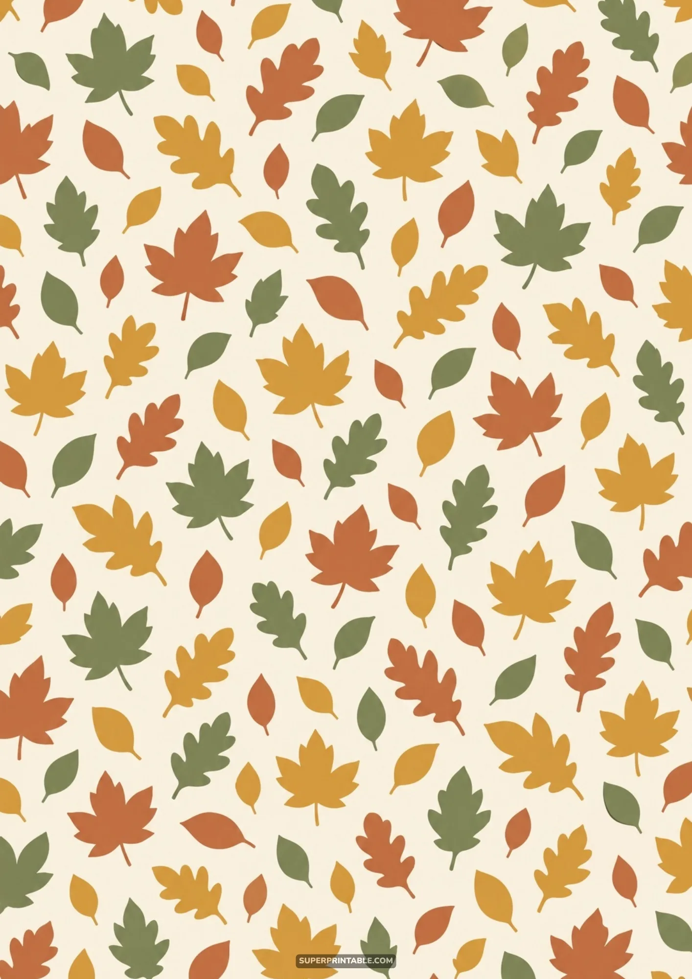 Tossed autumn maple and oak leaves in warm rust, mustard yellow, and olive green on cream ground.
