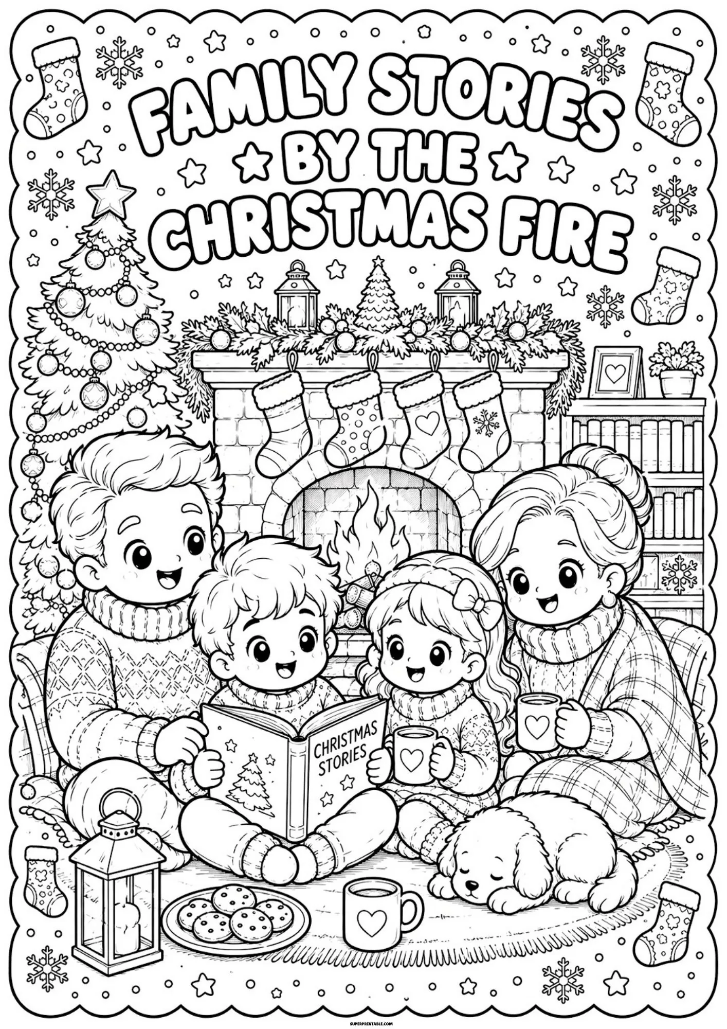Cozy family sitting by a fireplace reading christmas stories surrounded by stockings and a puppy.