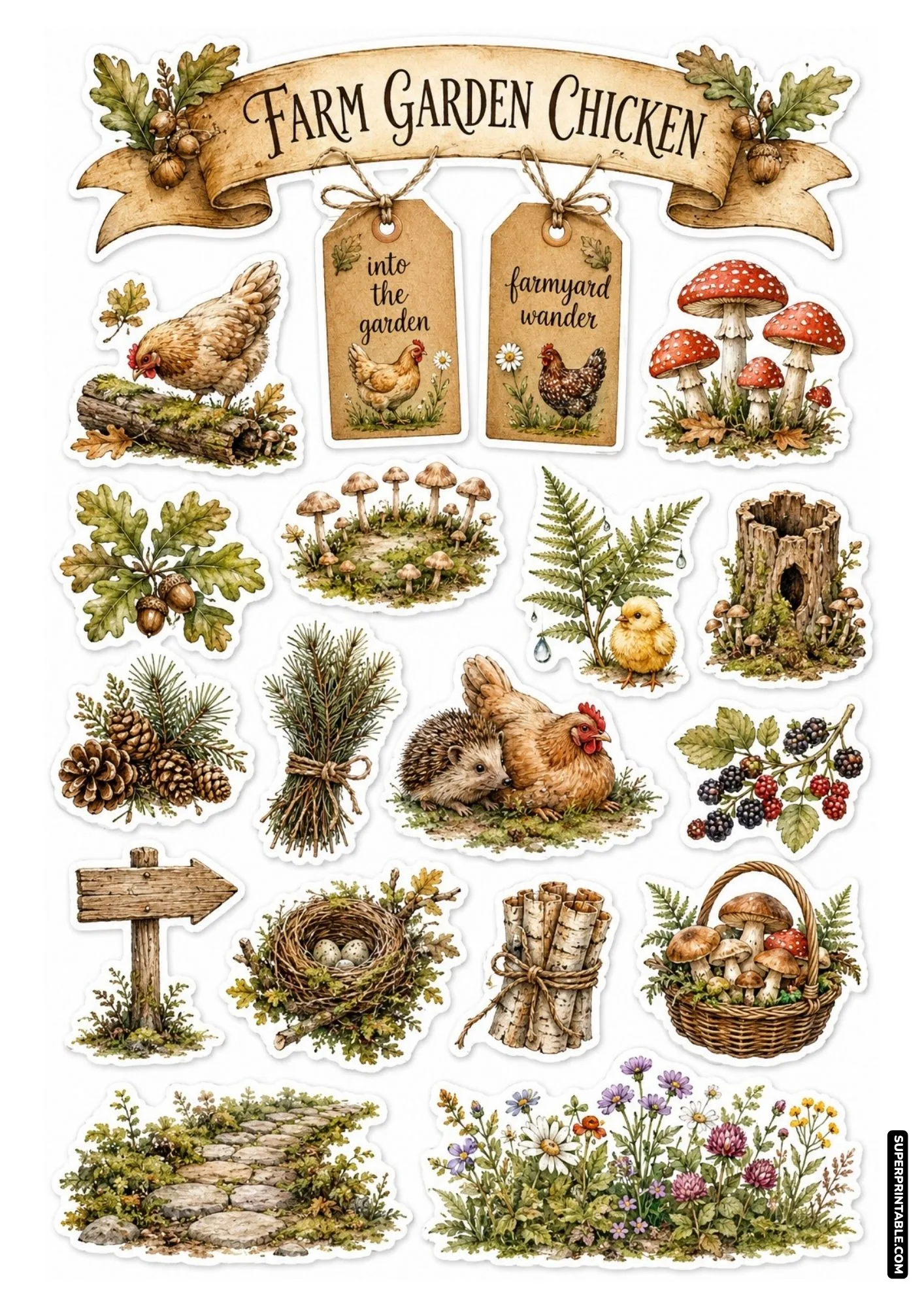 Forest farm garden chicken sticker sheet with hens on logs, red mushrooms, pinecones, and hedgehog.