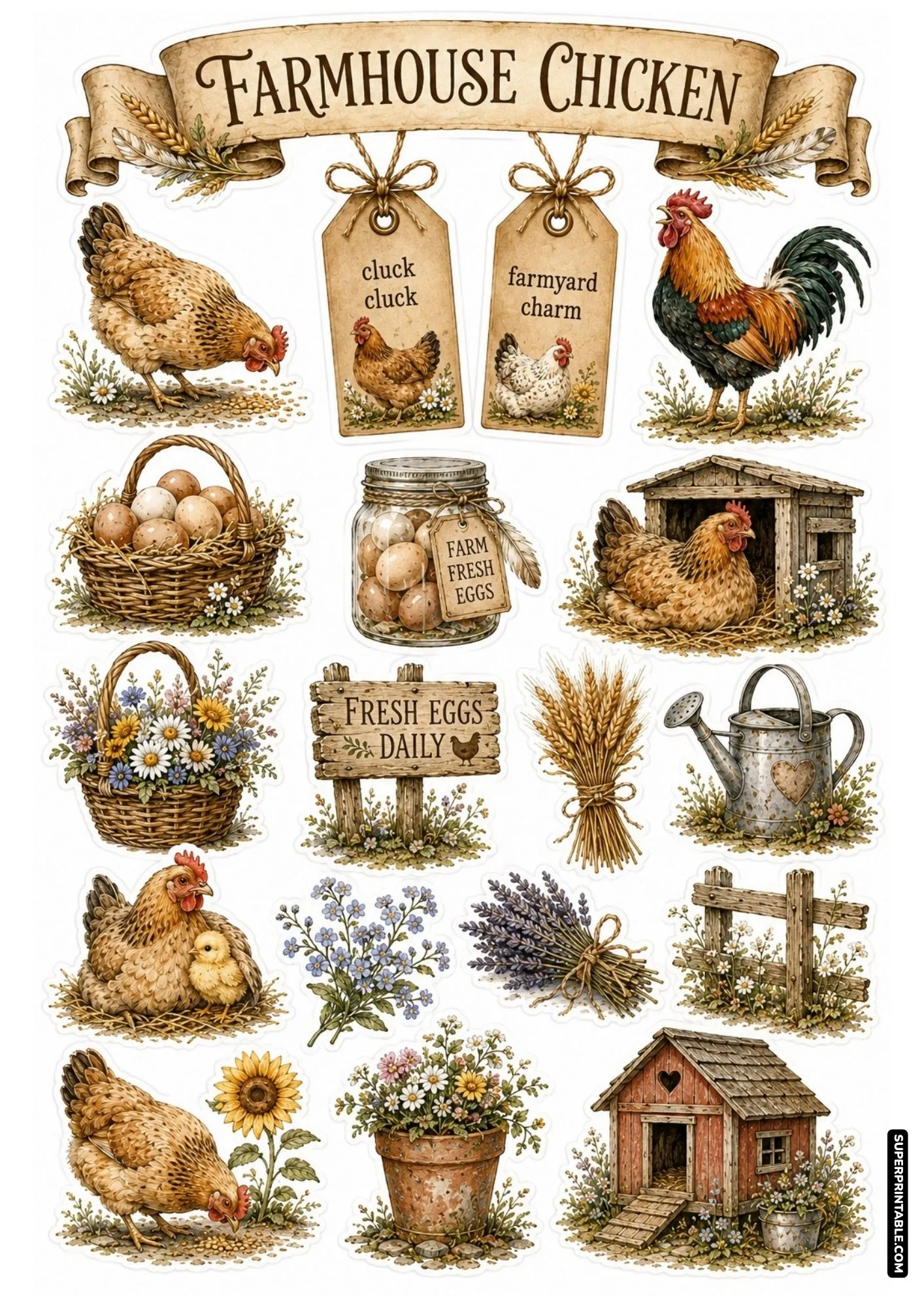 Classic farmhouse chicken sticker sheet featuring hens pecking grain, roosters, egg baskets, and wooden coops.