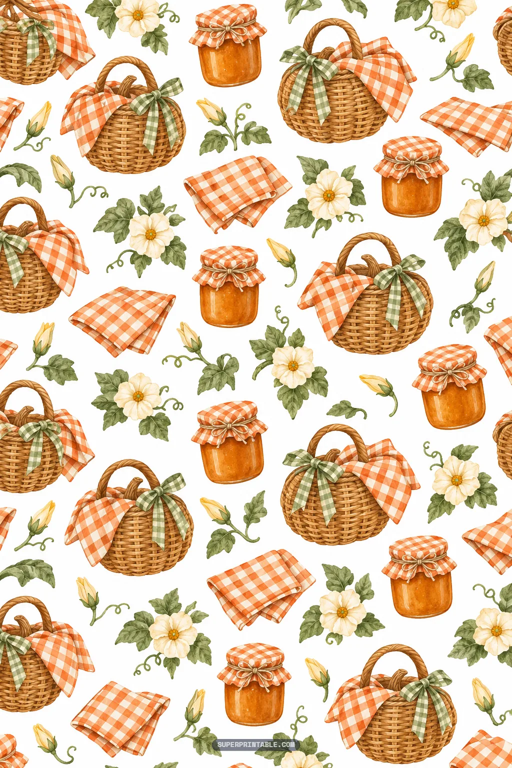 Rustic farmhouse digital paper pattern with woven picnic baskets gingham napkins and jars of orange jam
