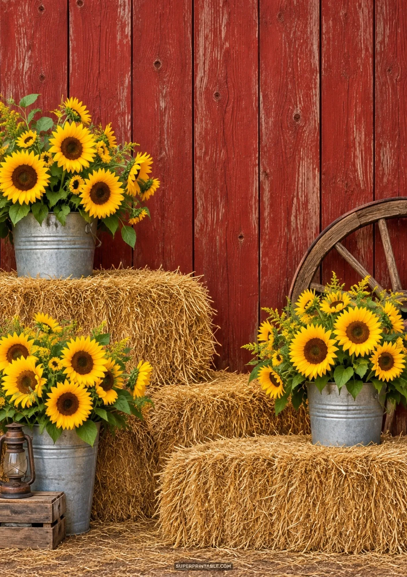 Rustic sunflower bouquets in zinc pails arranged on golden straw bales beside a vintage wagon wheel by a red barn