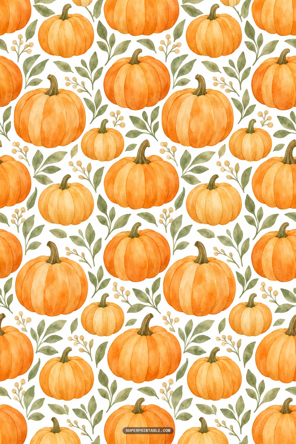 Watercolor pumpkin digital paper pattern featuring plump orange pumpkins and leafy botanical sprigs