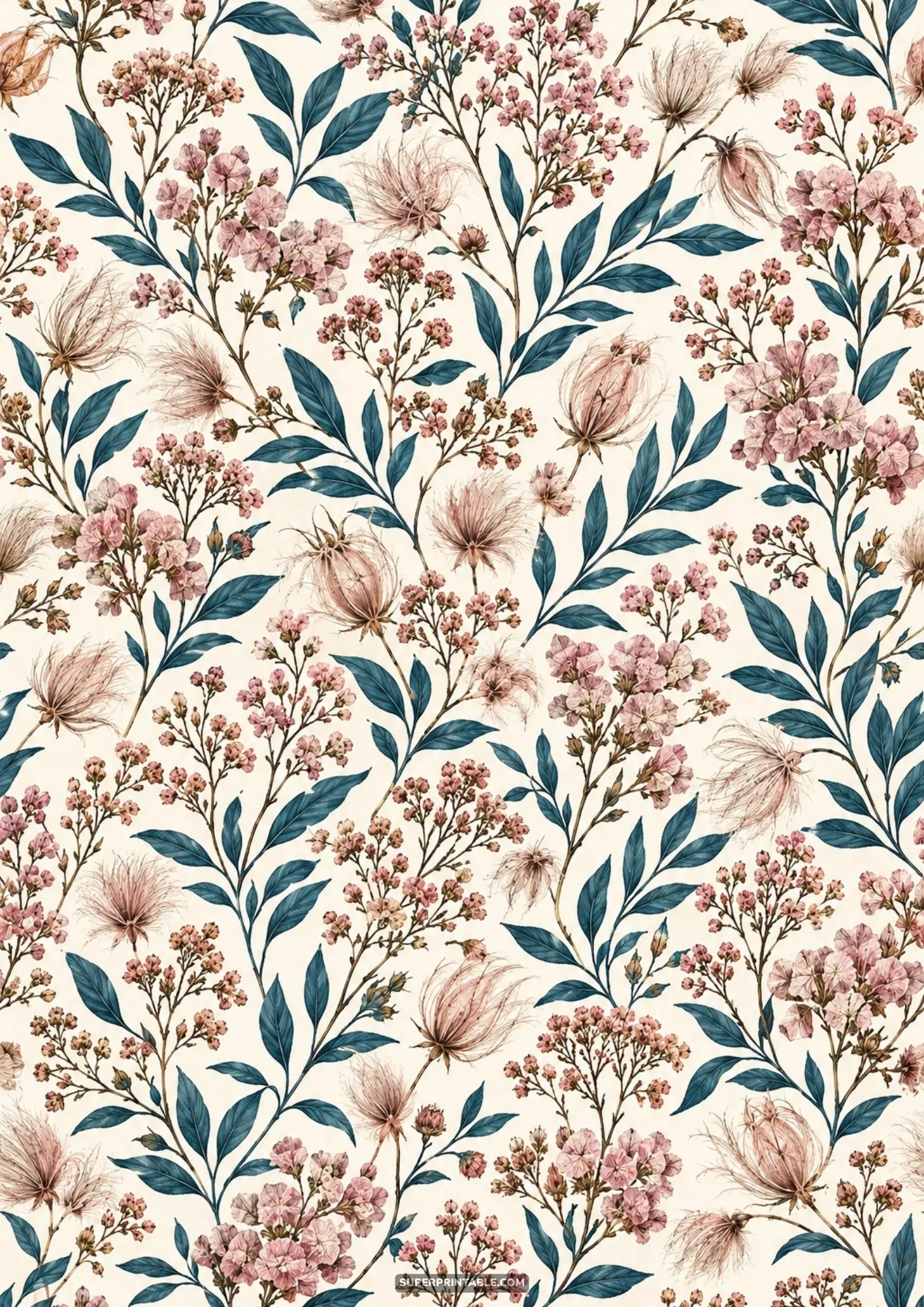 Wispy botanical seed pods and miniature dusky pink wildflowers on slender stems over ivory paper