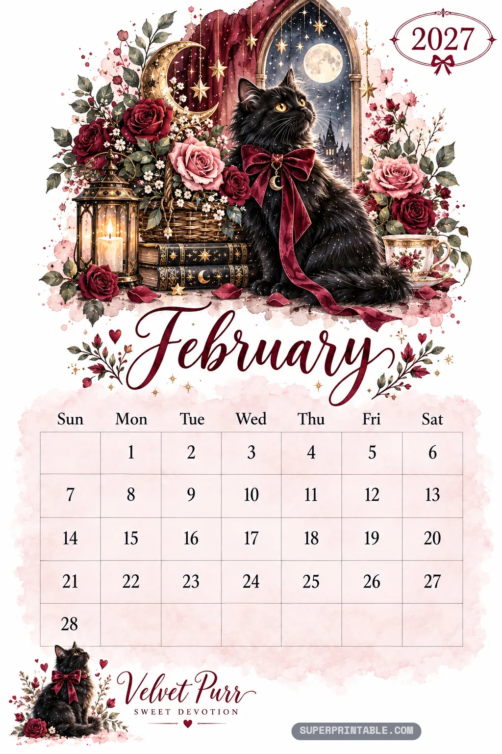 Fluffy black cat wearing a burgundy velvet ribbon bow next to pink roses and a glowing candle lantern