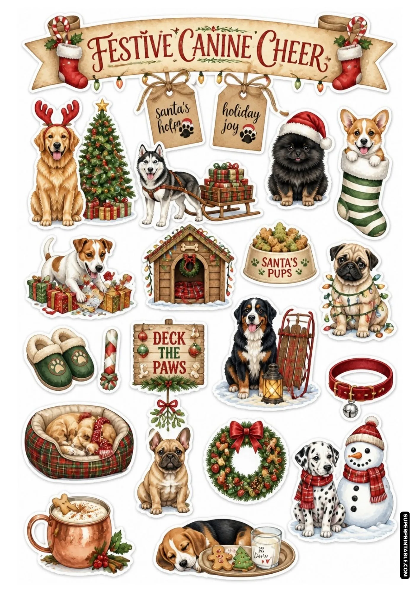 Christmas dog sticker sheet showcasing festive puppies wearing Santa hats and antler headbands.