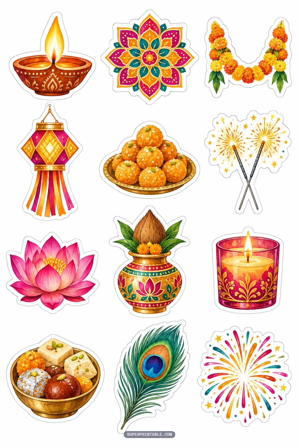 Diwali festival stickers with traditional diya lamps, rangoli, laddus, and sparklers