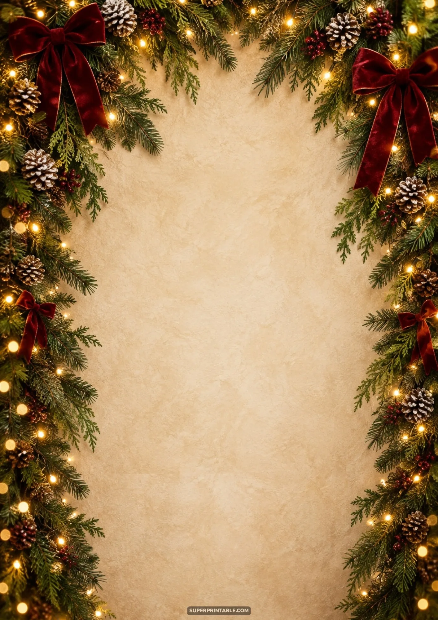 Classic holiday digital backgrounds featuring evergreen garland and velvet bows