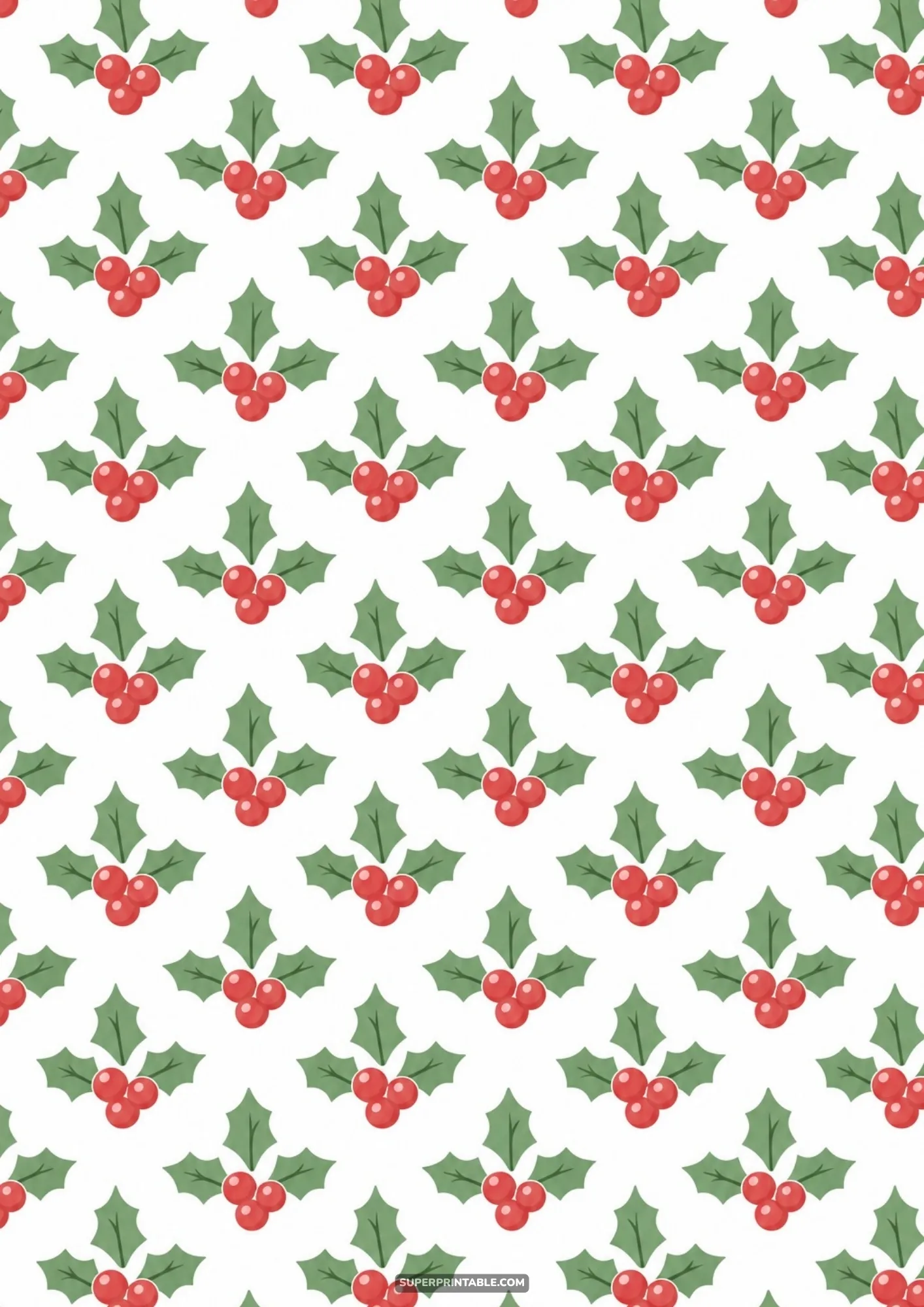 Delicate red holly berries and green botanical leaves repeated diagonally across white paper.