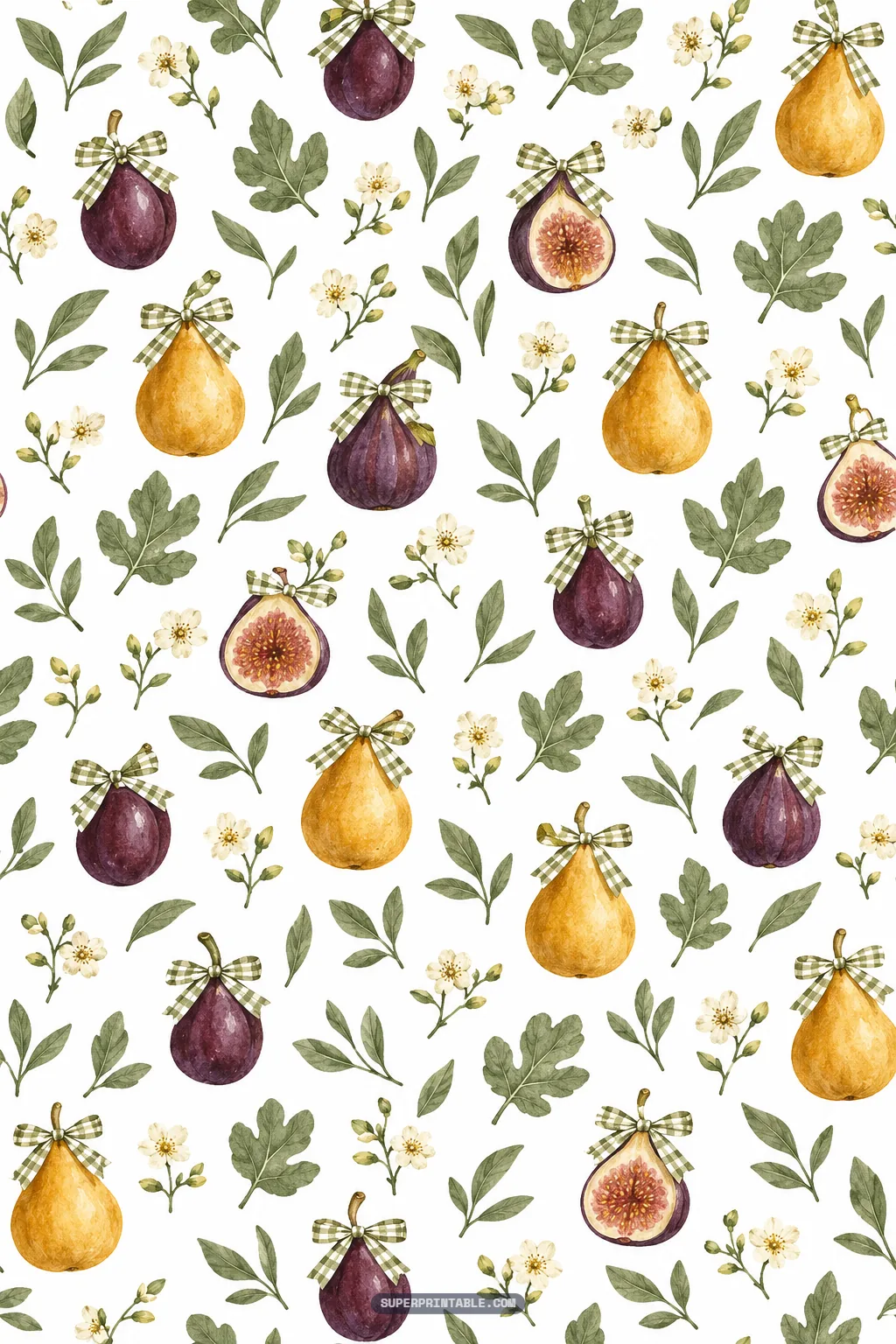 Cottagecore pattern of purple figs and yellow pears tied with gingham bows amid leaves and white flowers