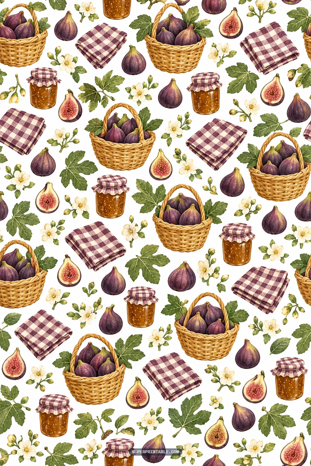 Rustic wicker harvest baskets filled with purple figs, amber jam jars, and checkered napkins on white