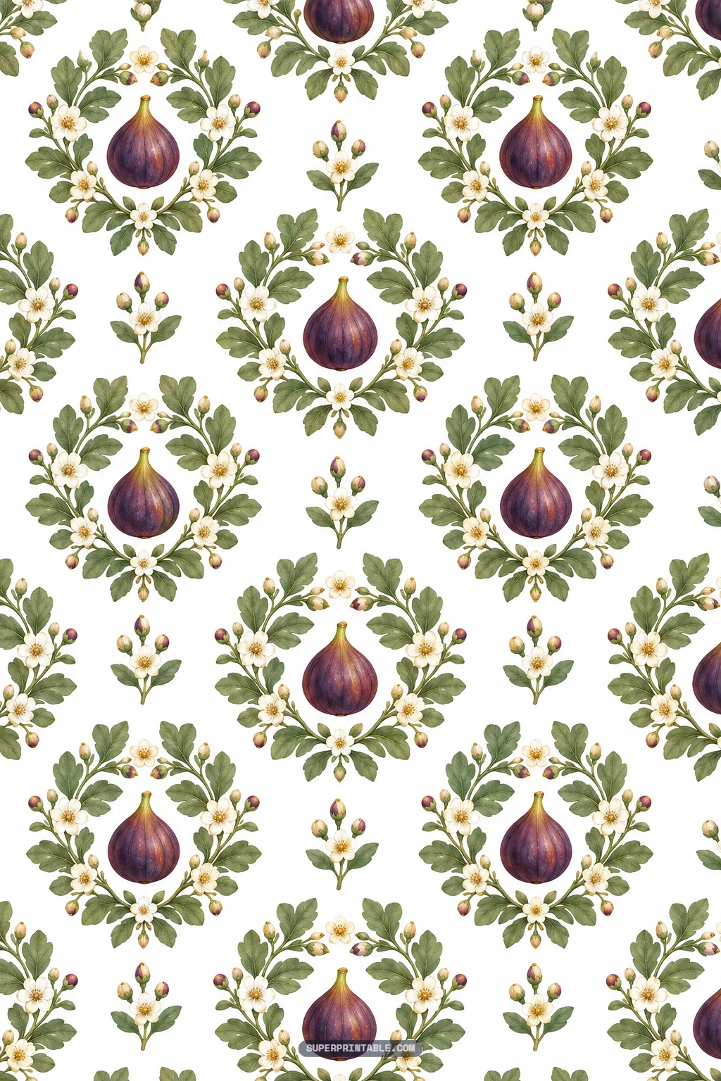 Fig and honey digital paper featuring watercolor botanical wreaths enclosing ripe purple figs and white blossoms
