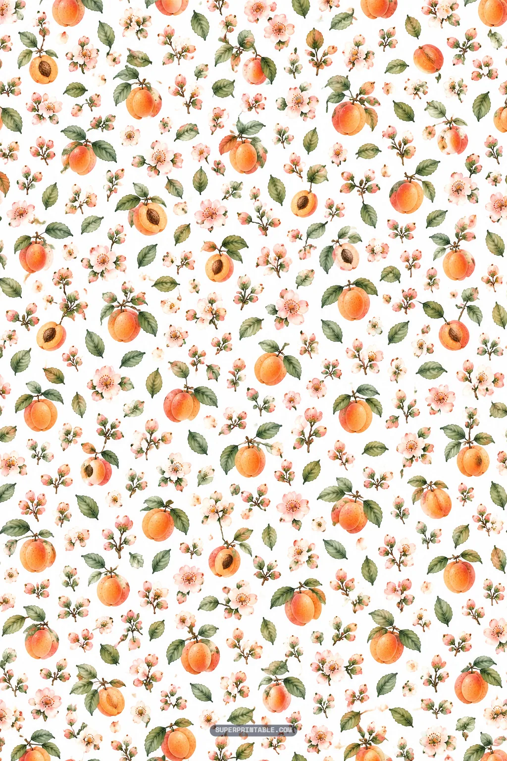Dense fine-scale toss of small watercolor apricots, cut halves, and flowering spring buds.