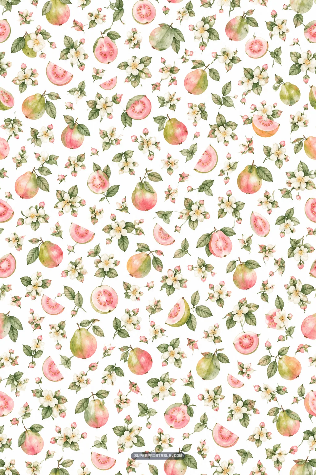 Fine ditsy scatter pattern of tiny guavas, pink slices, and blooming botanicals