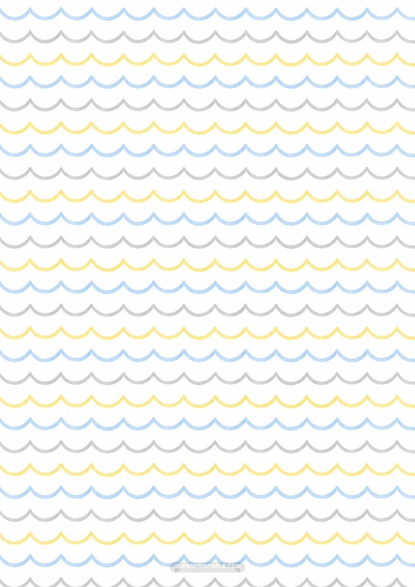 Delicate fine line scallop waves repeating in light blue, gray, and honey yellow