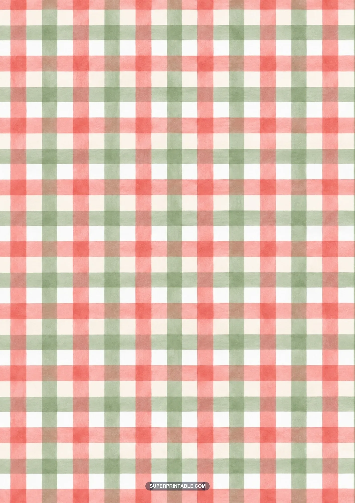 Detailed painterly tartan plaid pattern featuring coral red and sage green washes
